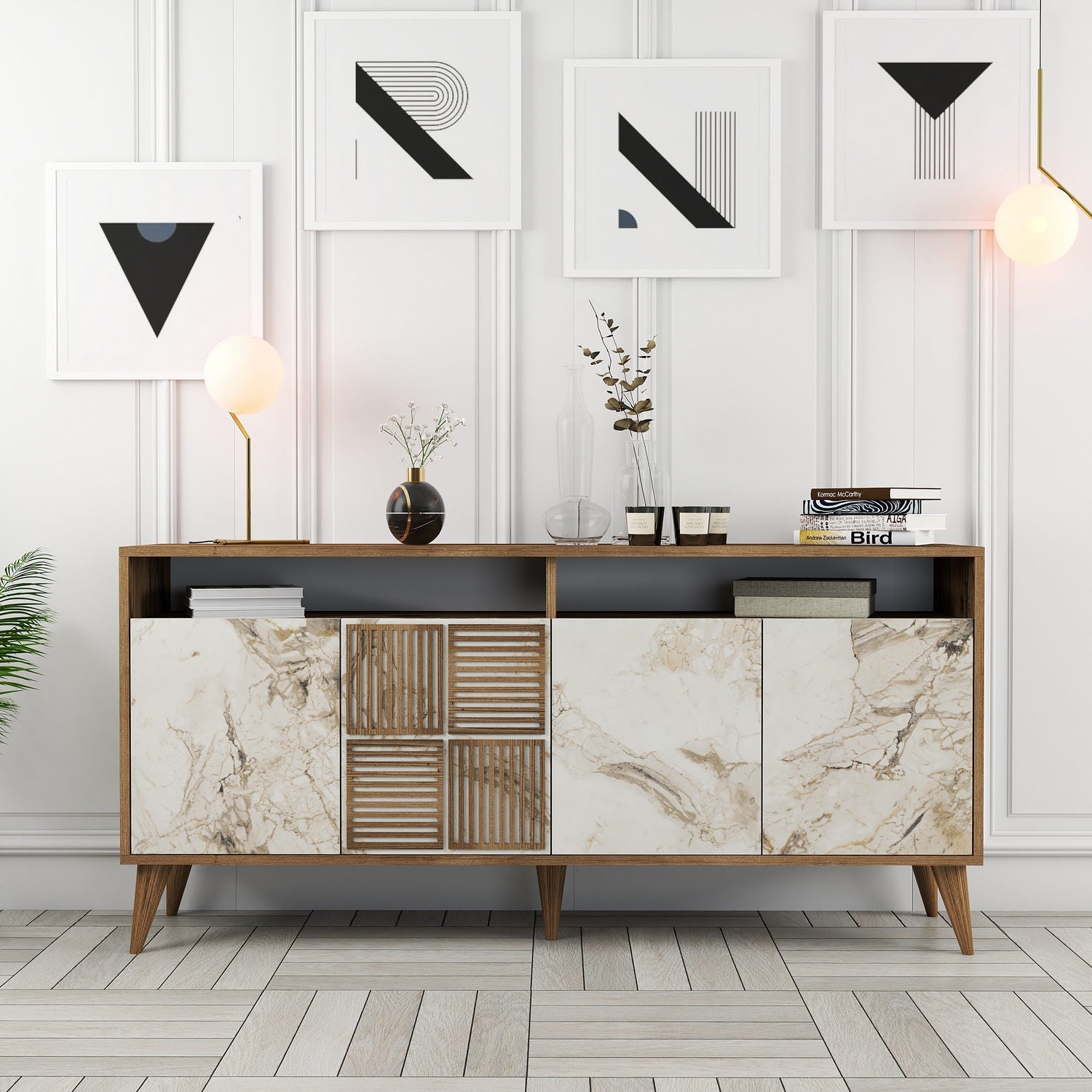 Comoda Milan 160, 100% PAL melaminat, nuc/marmura alba, 160x78x35 cm