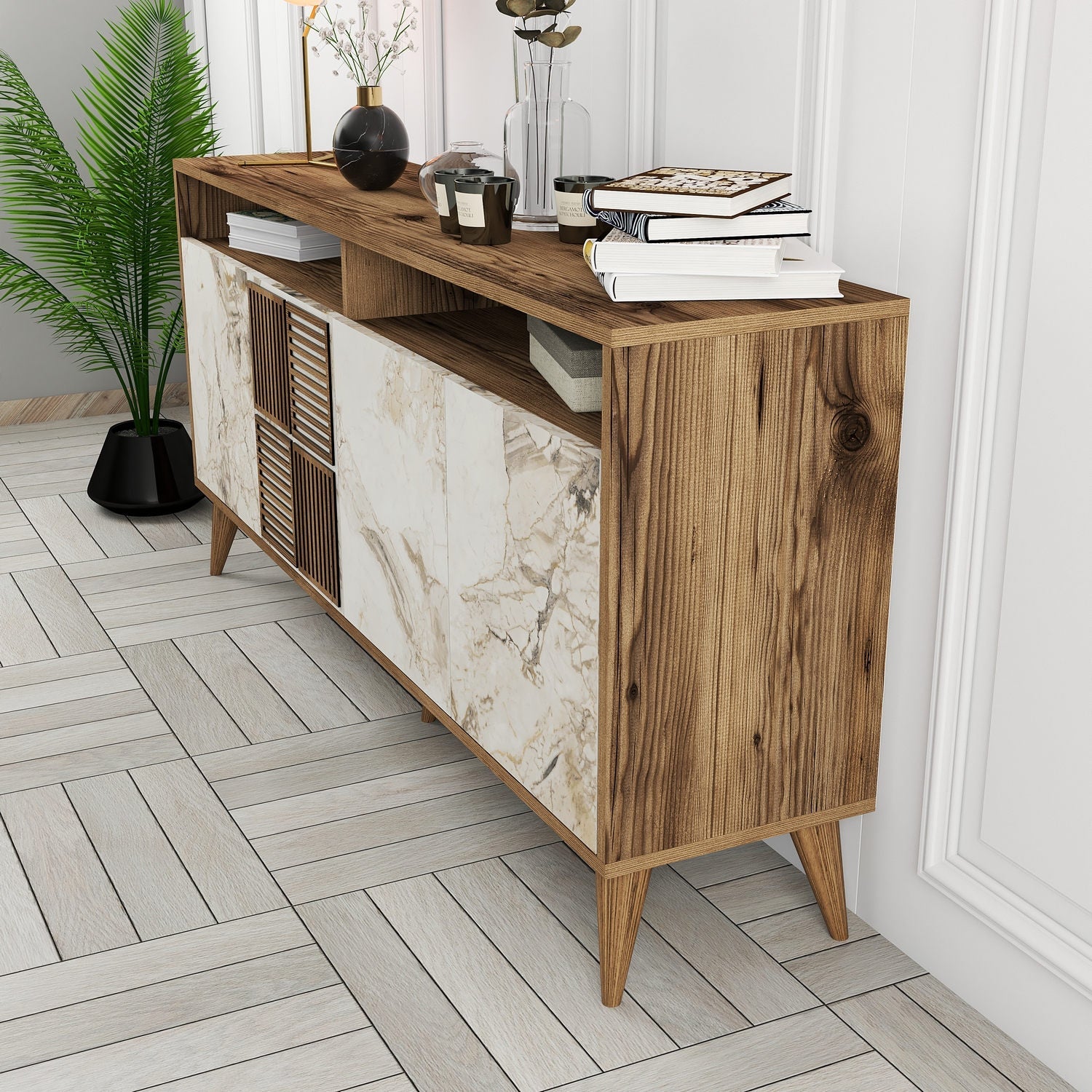 Comoda Milan 160, 100% PAL melaminat, nuc/marmura alba, 160x78x35 cm