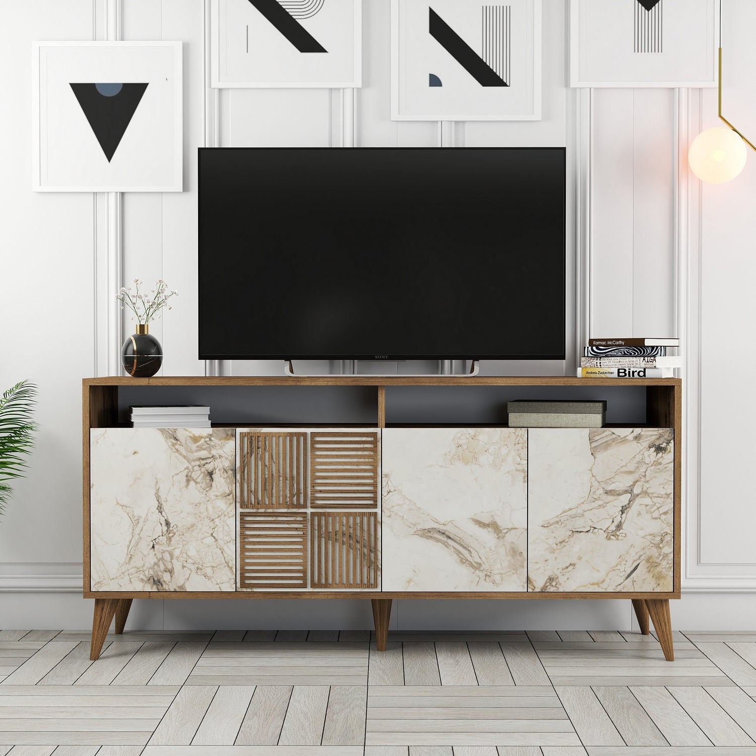 Comoda Milan 160, 100% PAL melaminat, nuc/marmura alba, 160x78x35 cm