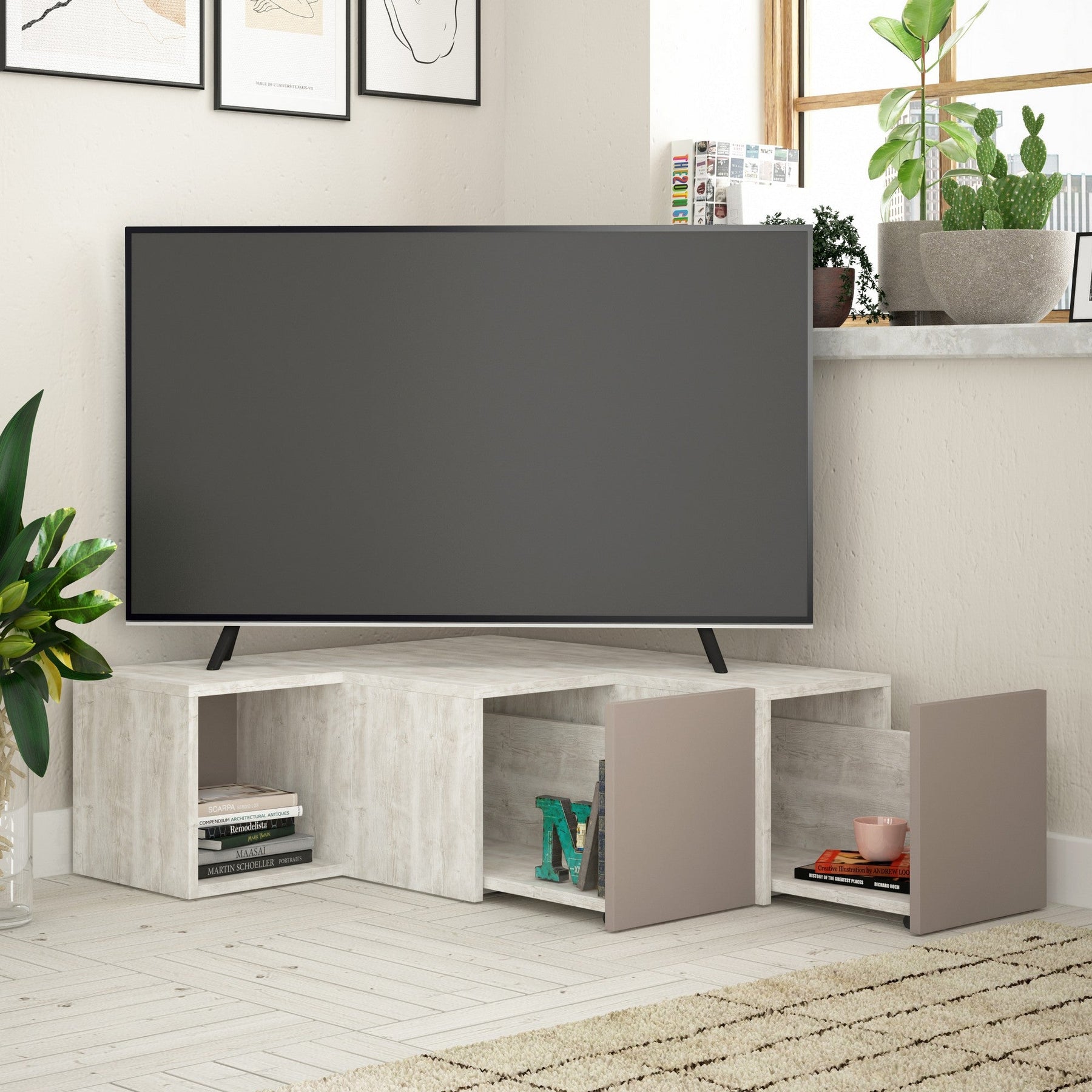 Comoda TV Compact, bej/gri, PAL, 90x32x92 cm