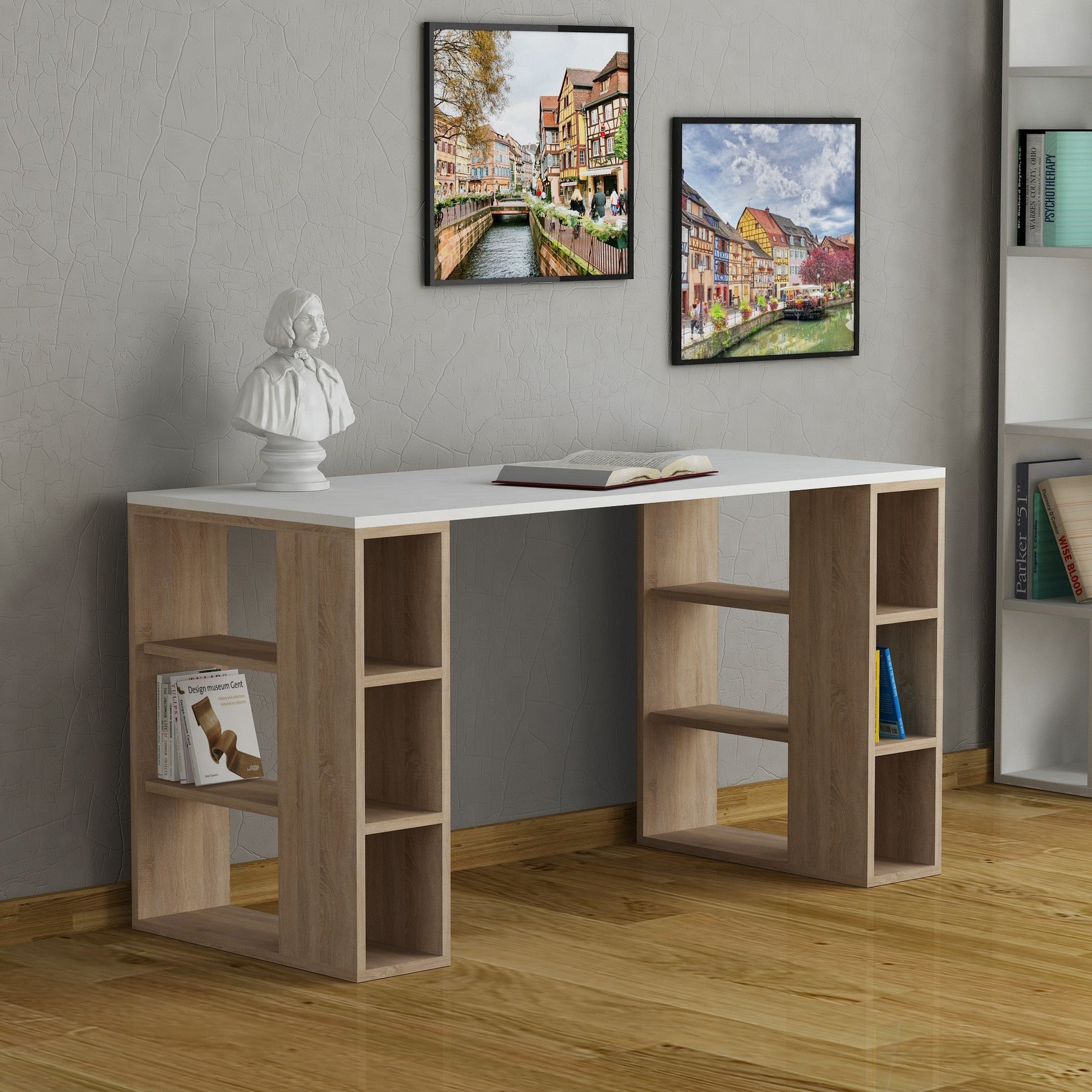 Birou Colmar, alb/stejar, PAL melaminat, 140x75x60 cm
