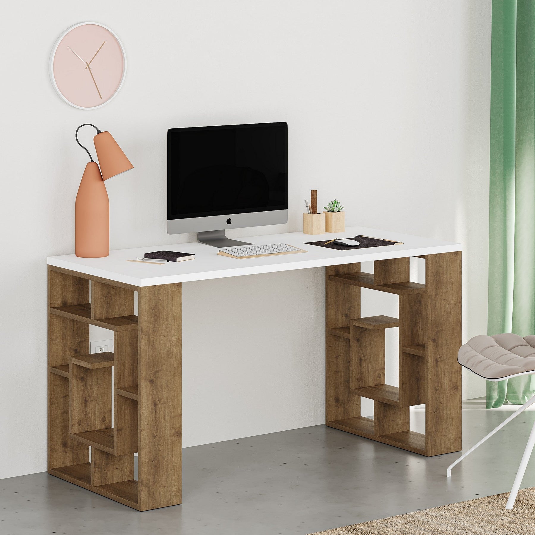 Birou Maze, alb/stejar, PAL, 140x60x75 cm