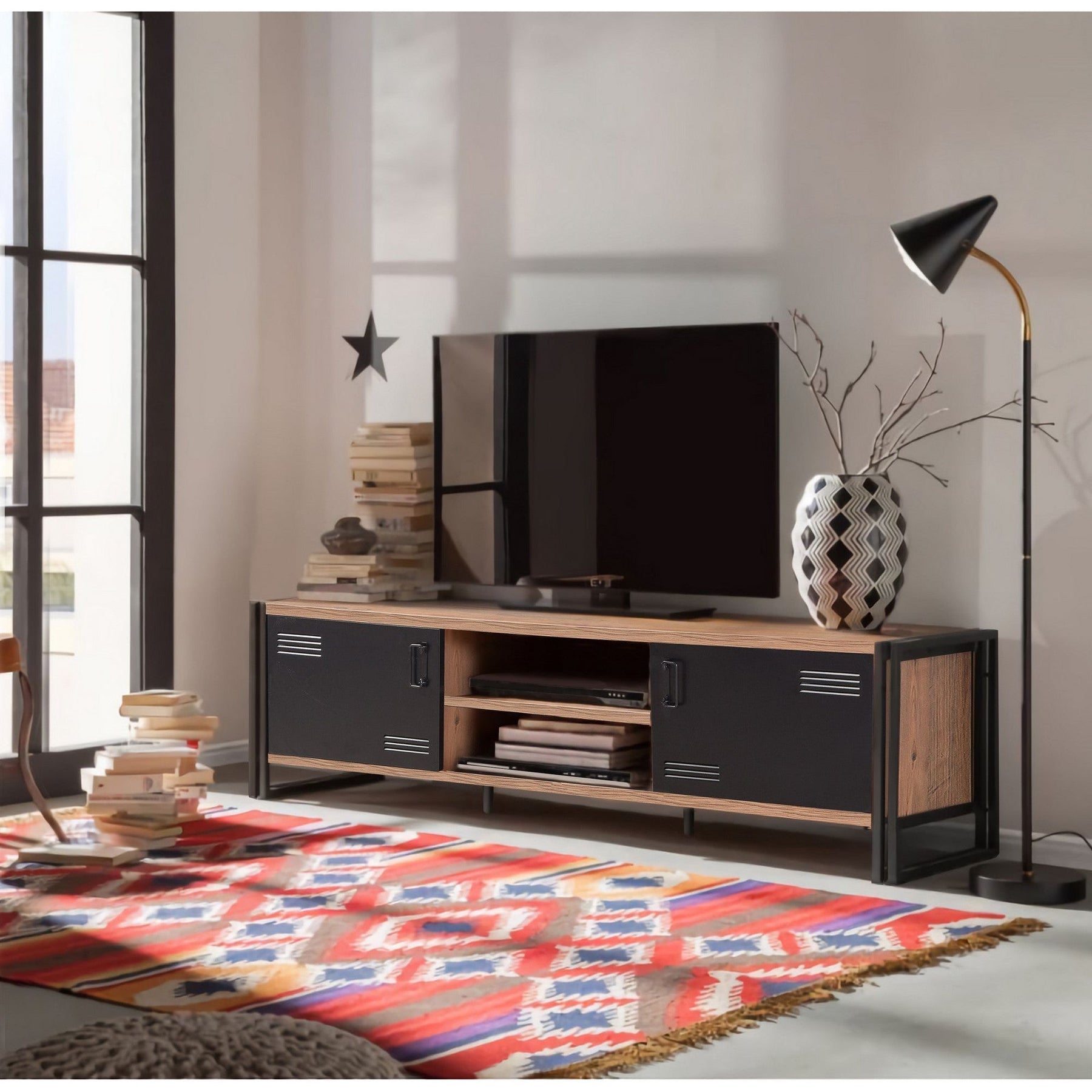 Comoda TV Cosmo Rex, stejar/negru, PAL melaminat, 180x50x45 cm