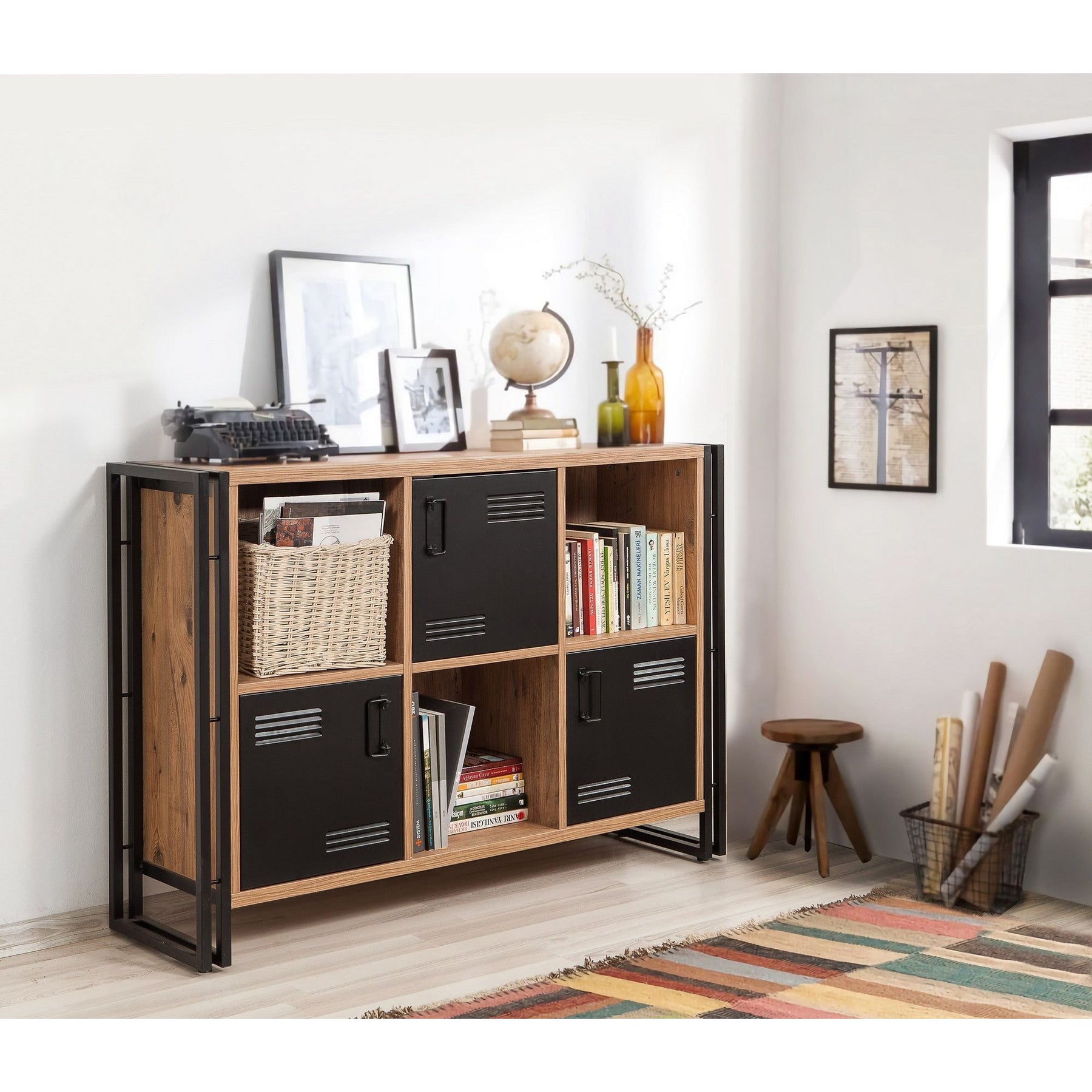 Biblioteca Cosmo Tribus, stejar/negru, PAL melaminat/metal, 126x89x35 cm