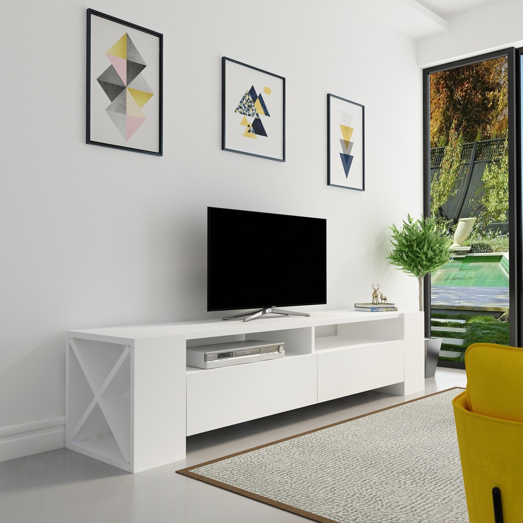 Comoda TV Sosruko, din PAL melaminat, alb, 155x35x35 cm