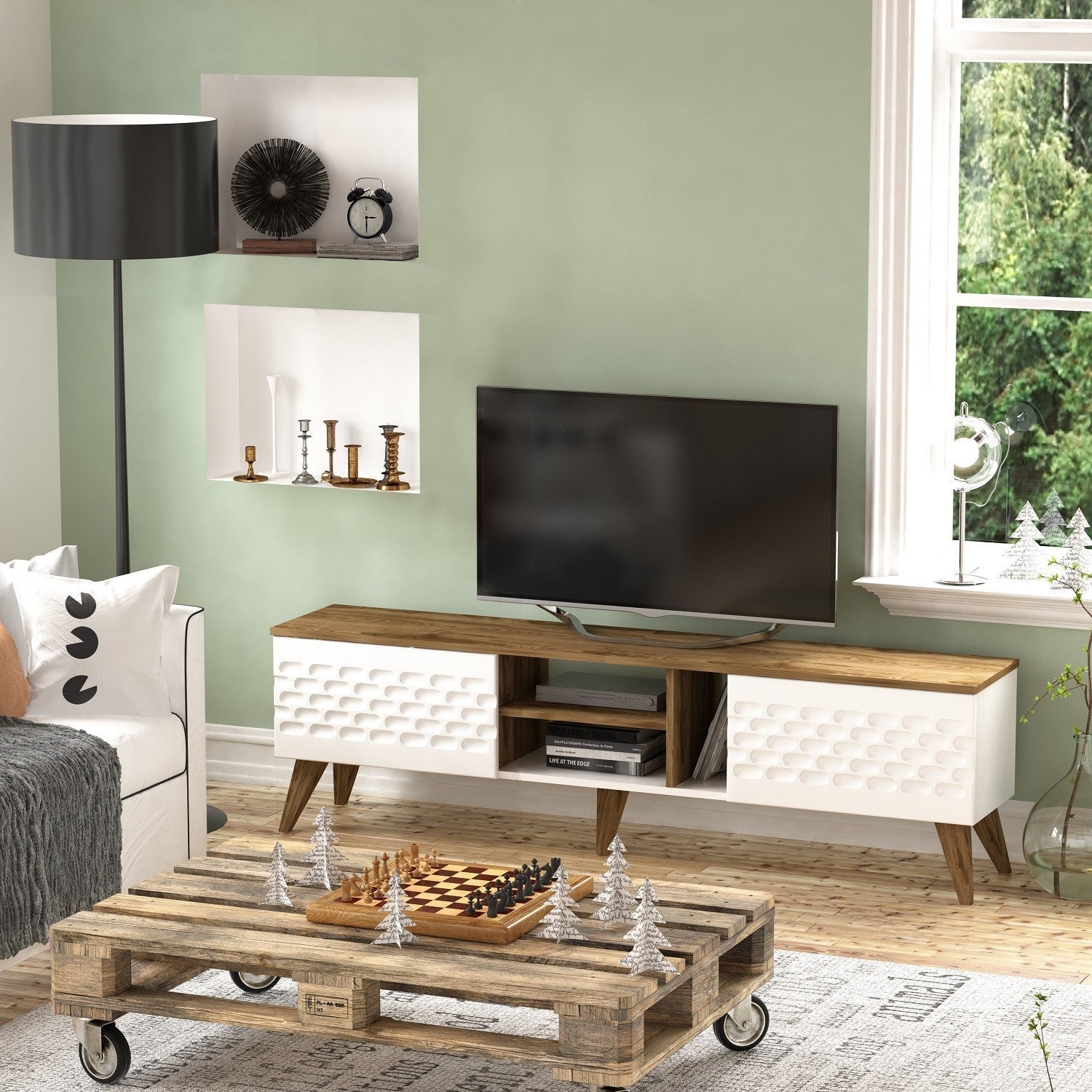 Comoda TV Egg, din PAL melaminat, alb, 180x35x53 cm