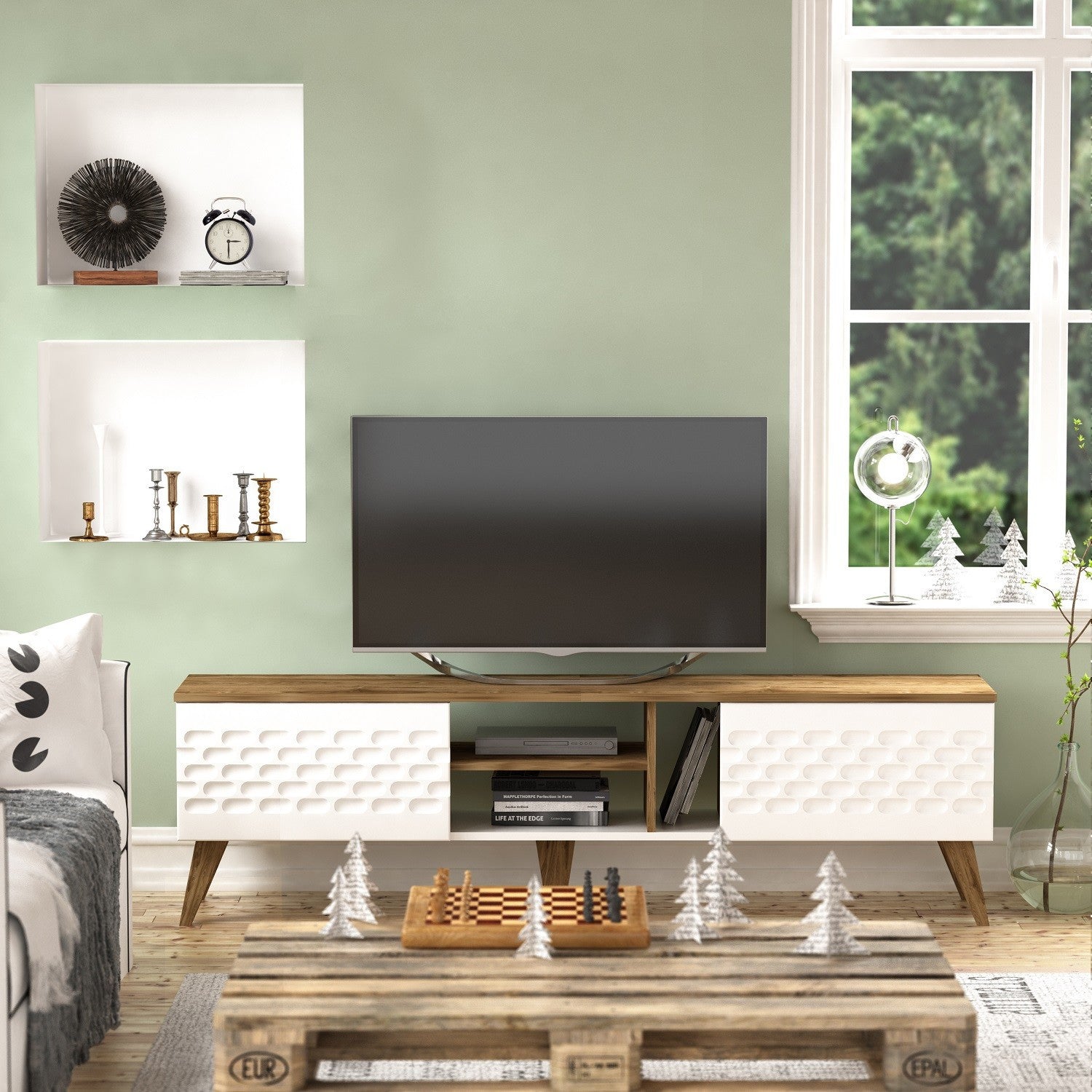 Comoda TV Egg, din PAL melaminat, alb, 180x35x53 cm