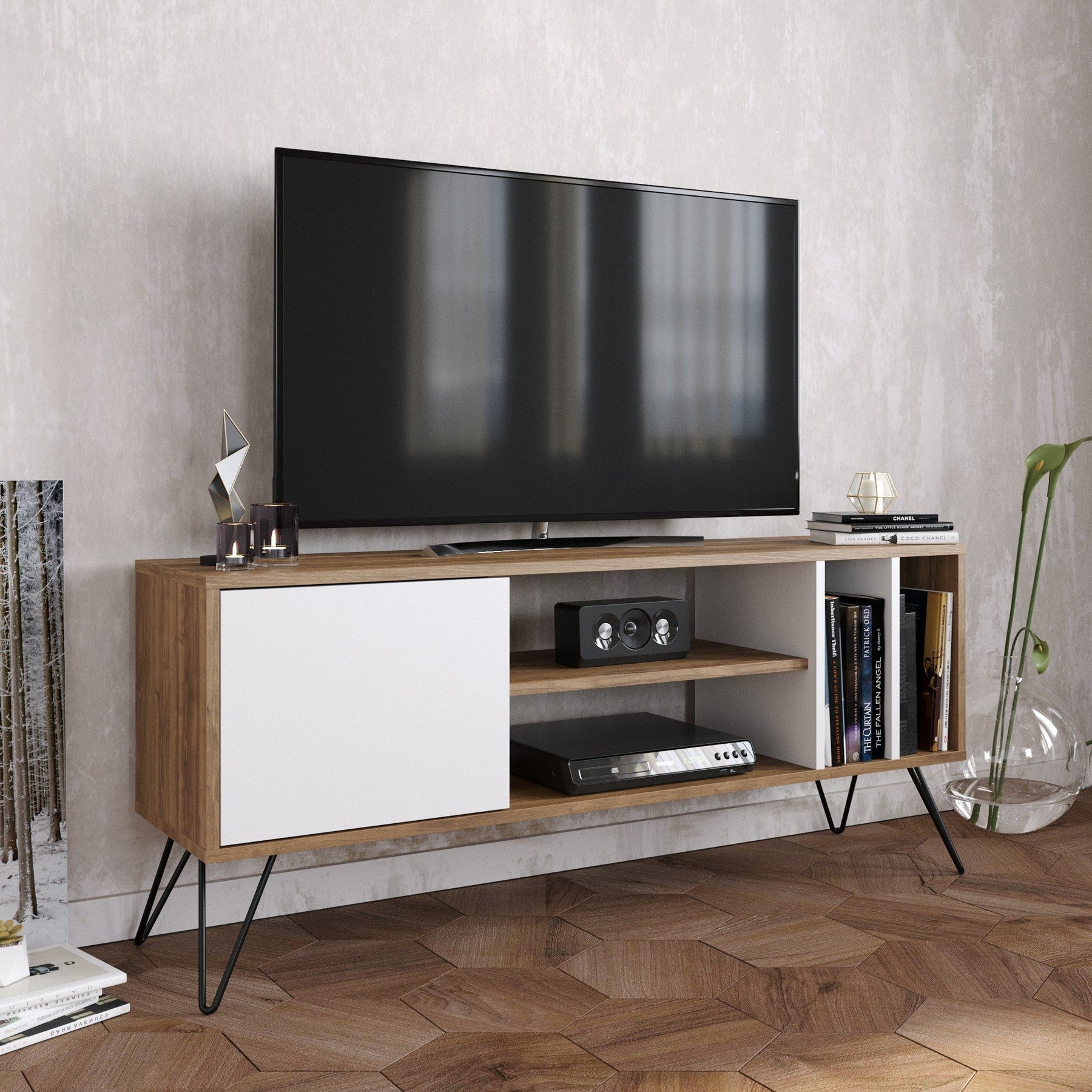 Comoda TV Mistico 140, nuc/alb, PAL melaminat/metal, 140x59x17 cm