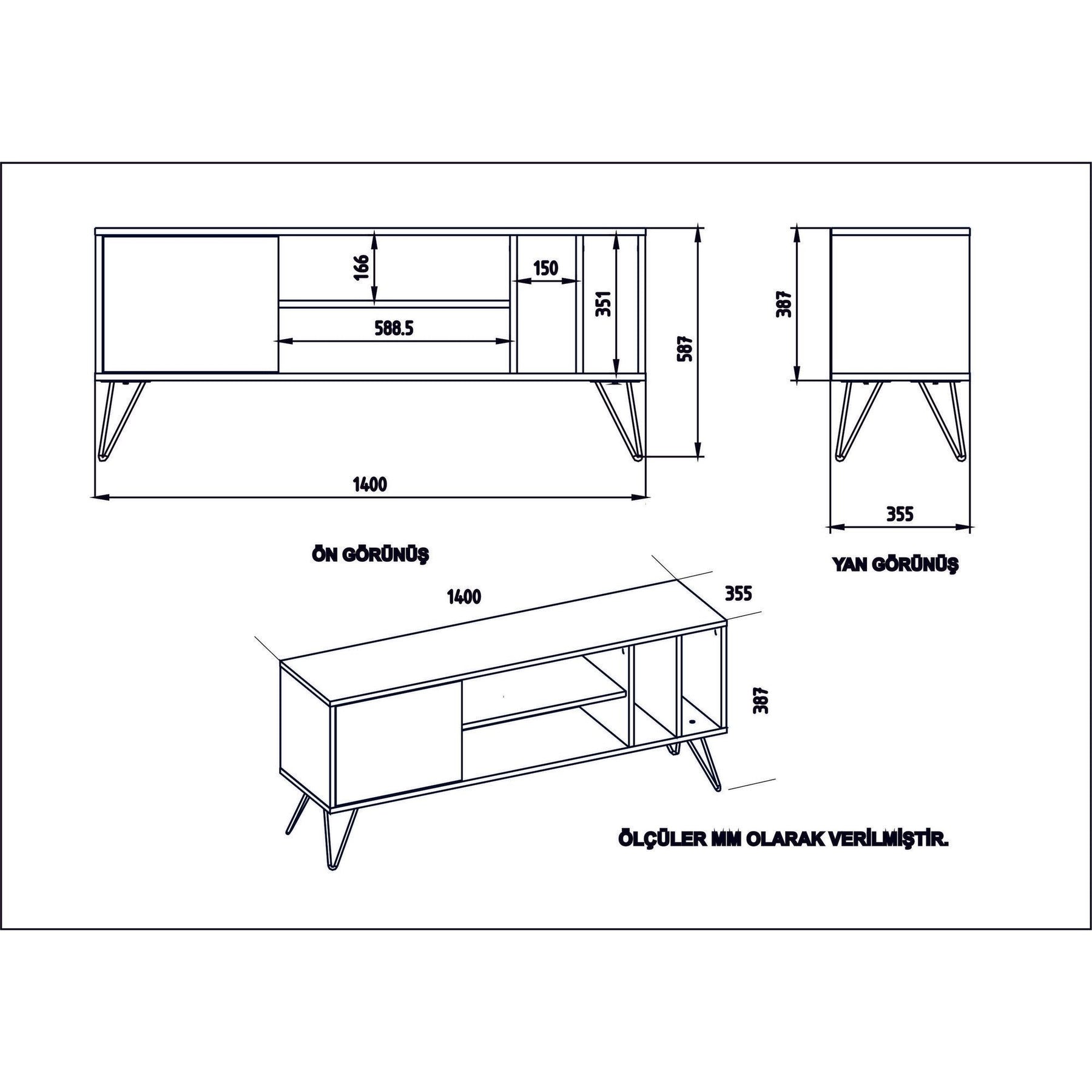 Comoda TV Mistico 140, nuc/alb, PAL melaminat/metal, 140x59x17 cm