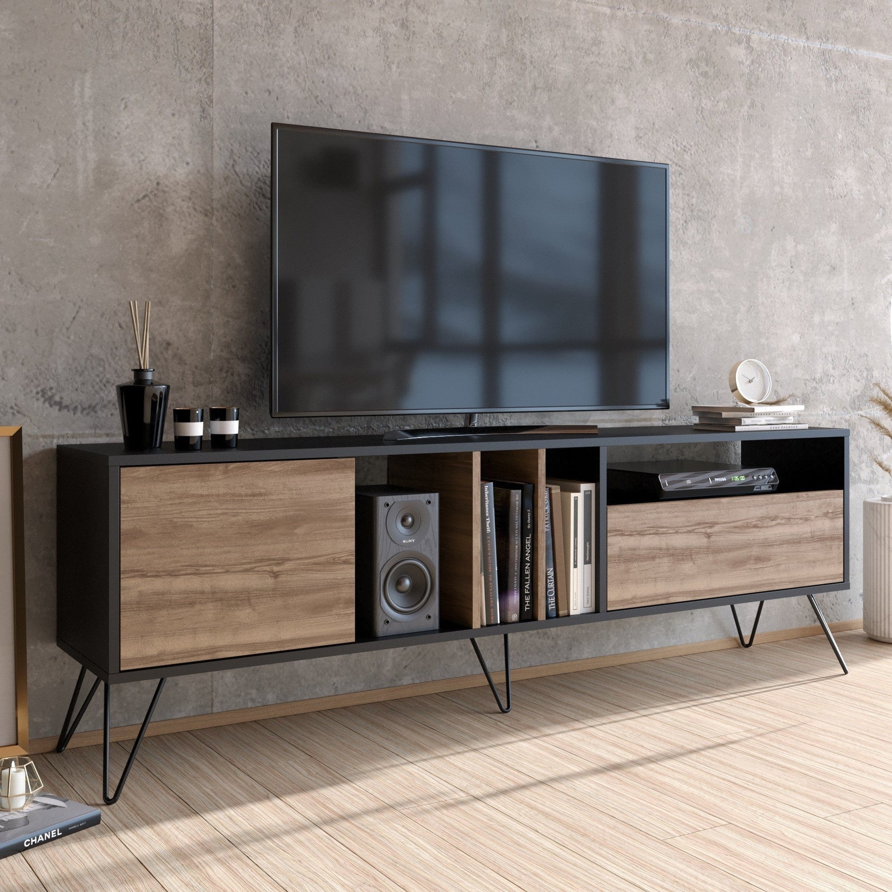 Comoda TV Mistico, din PAL melaminat, alun/negru, 180x36x59 cm