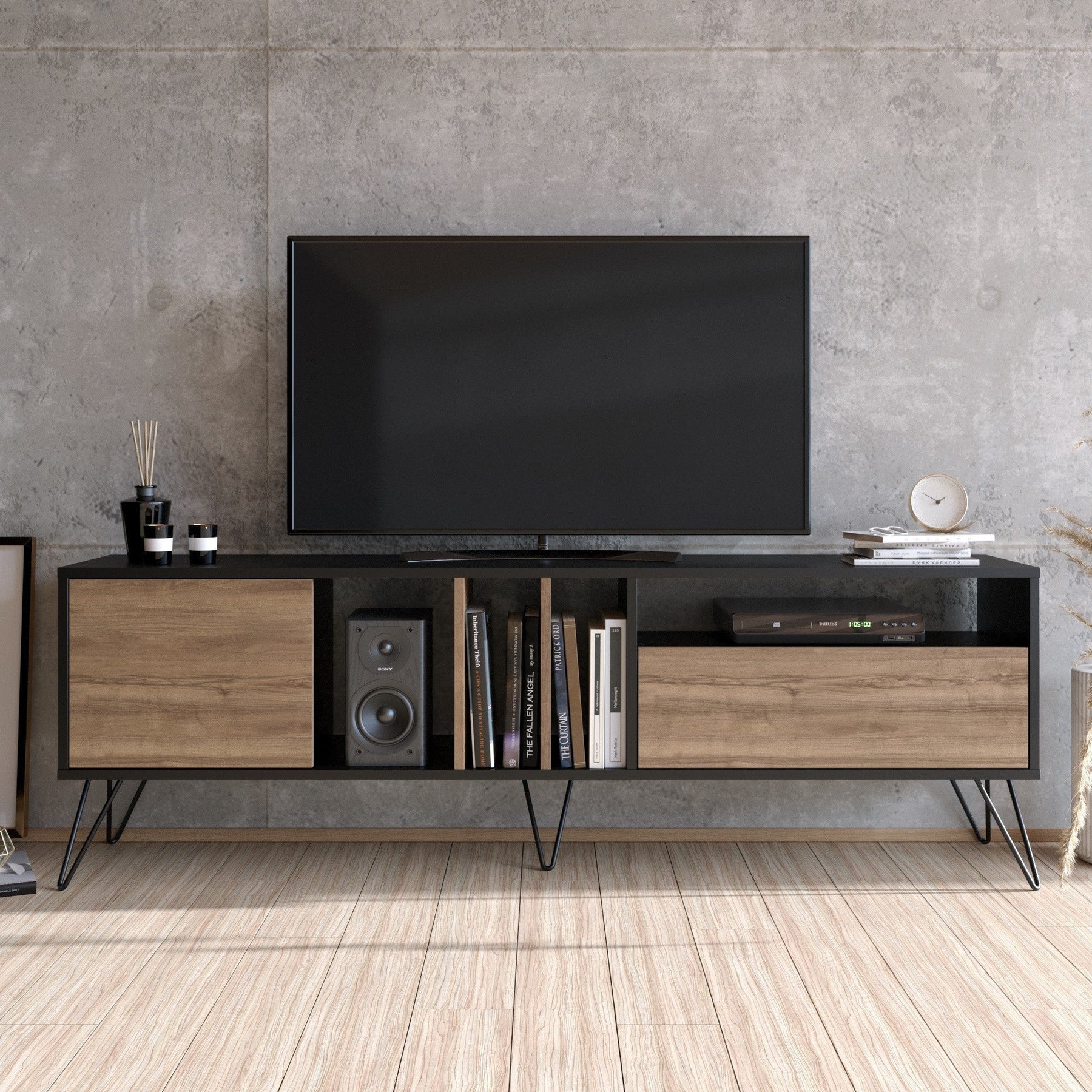 Comoda TV Mistico, din PAL melaminat, alun/negru, 180x36x59 cm