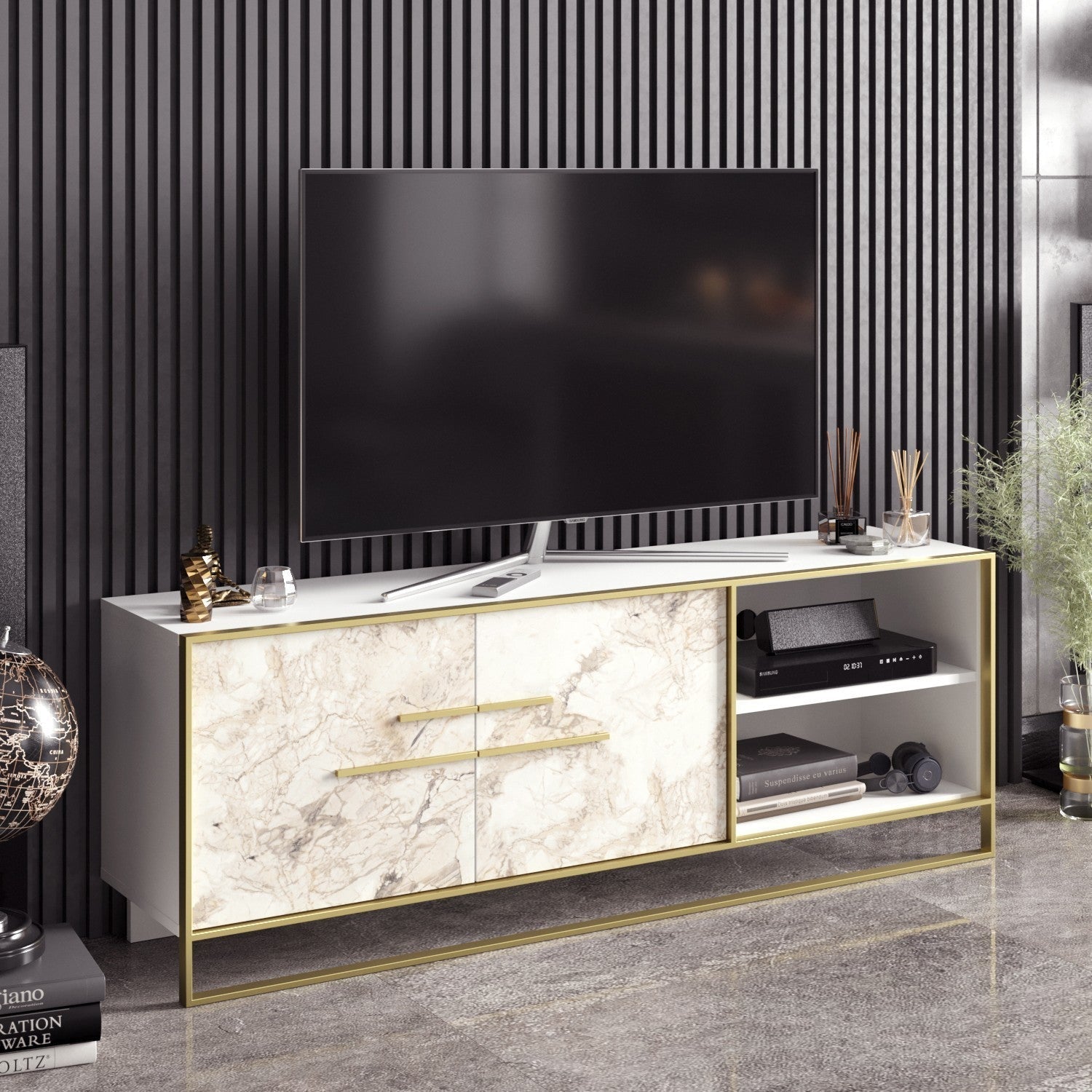 Comoda TV Polka, din PAL melaminat, alb/gold, 160x38.5x56.6 cm