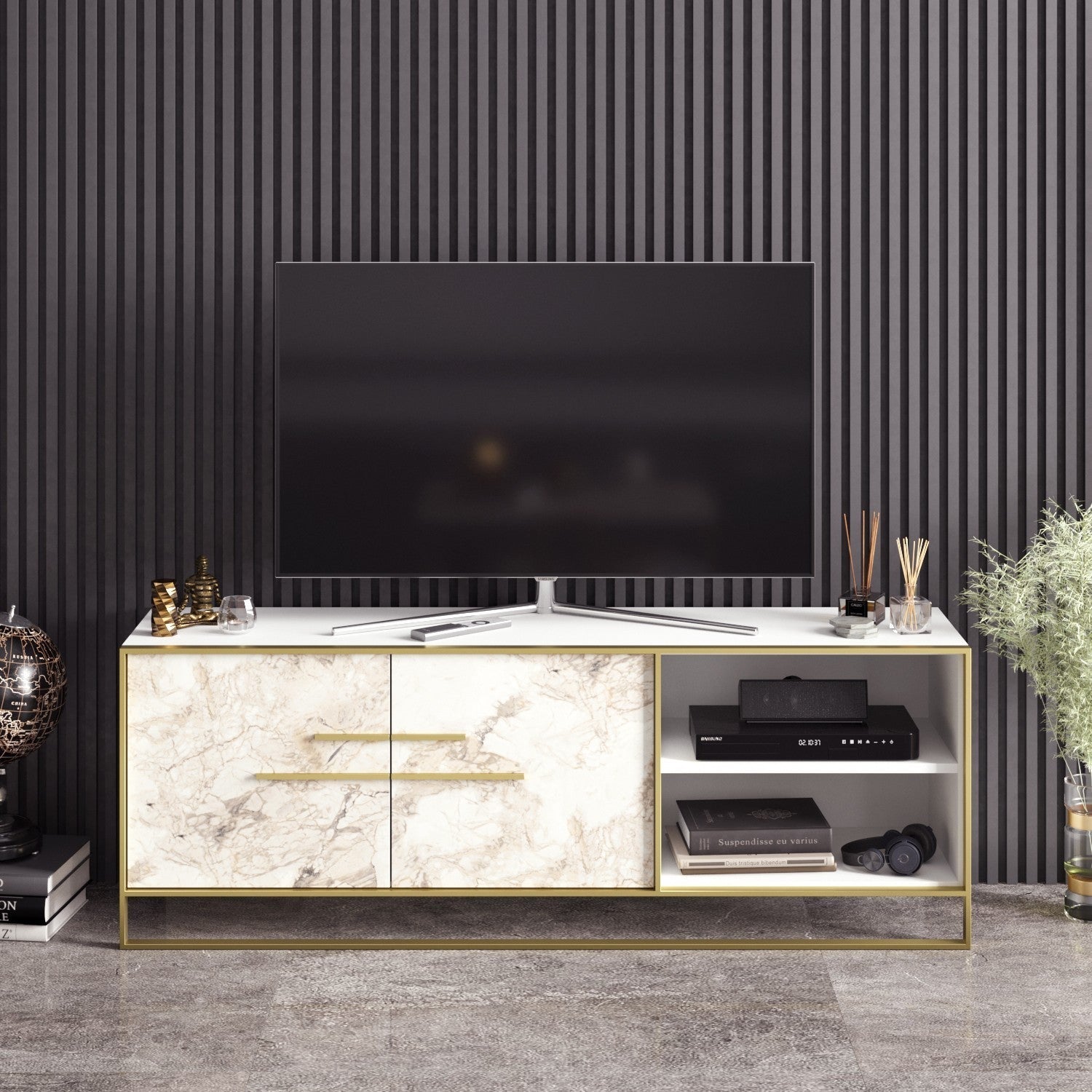 Comoda TV Polka, din PAL melaminat, alb/gold, 160x38.5x56.6 cm