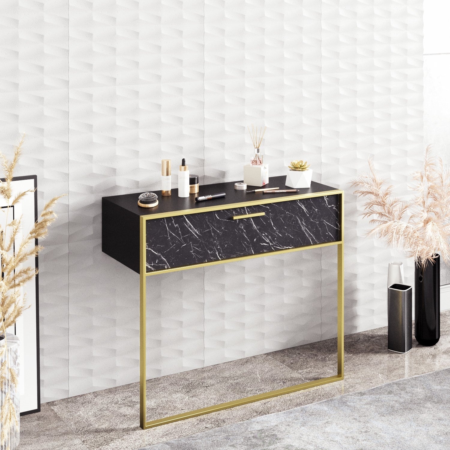 Consola Polka, din PAL melaminat, negru/gold, 90x38.5x76.8 cm