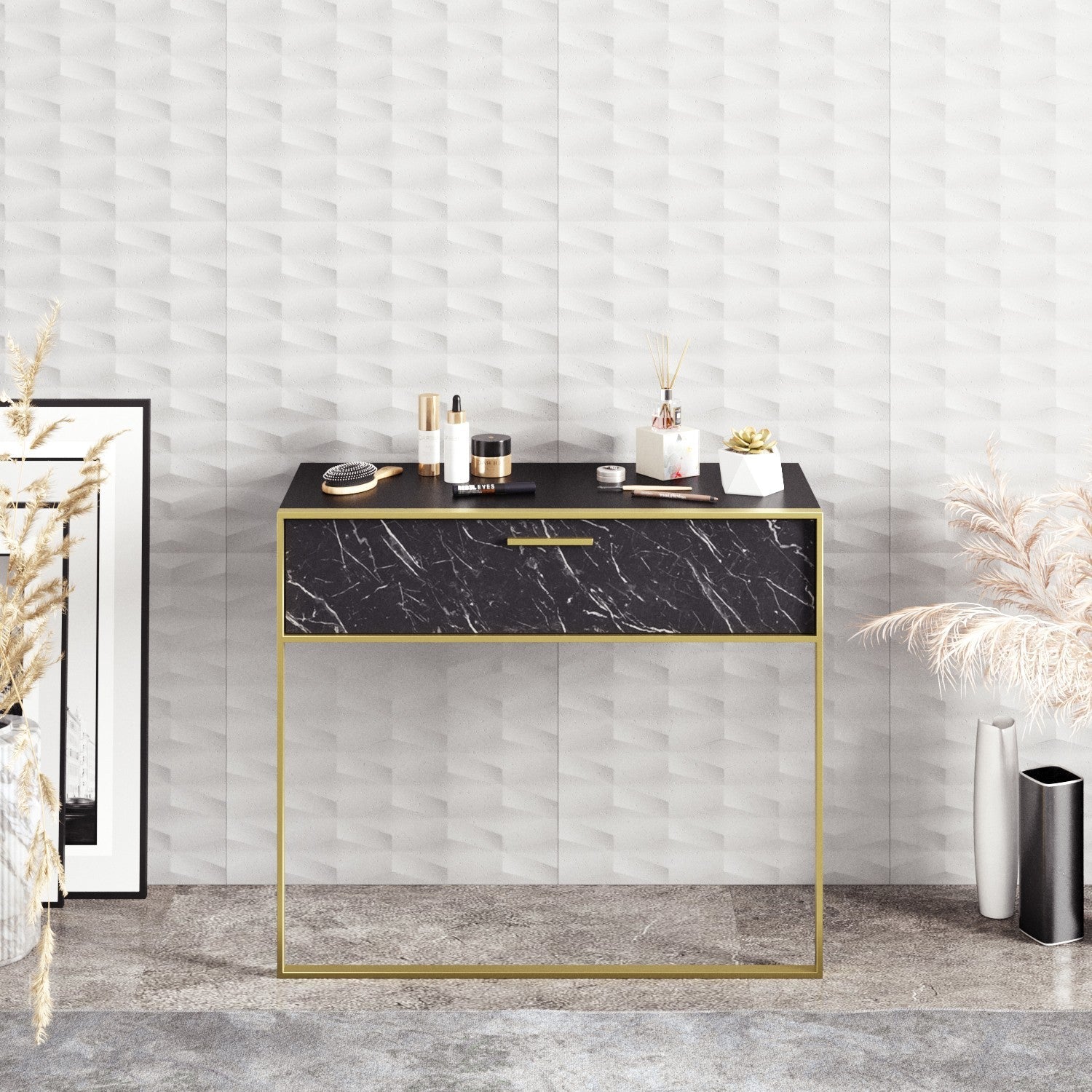 Consola Polka, din PAL melaminat, negru/gold, 90x38.5x76.8 cm