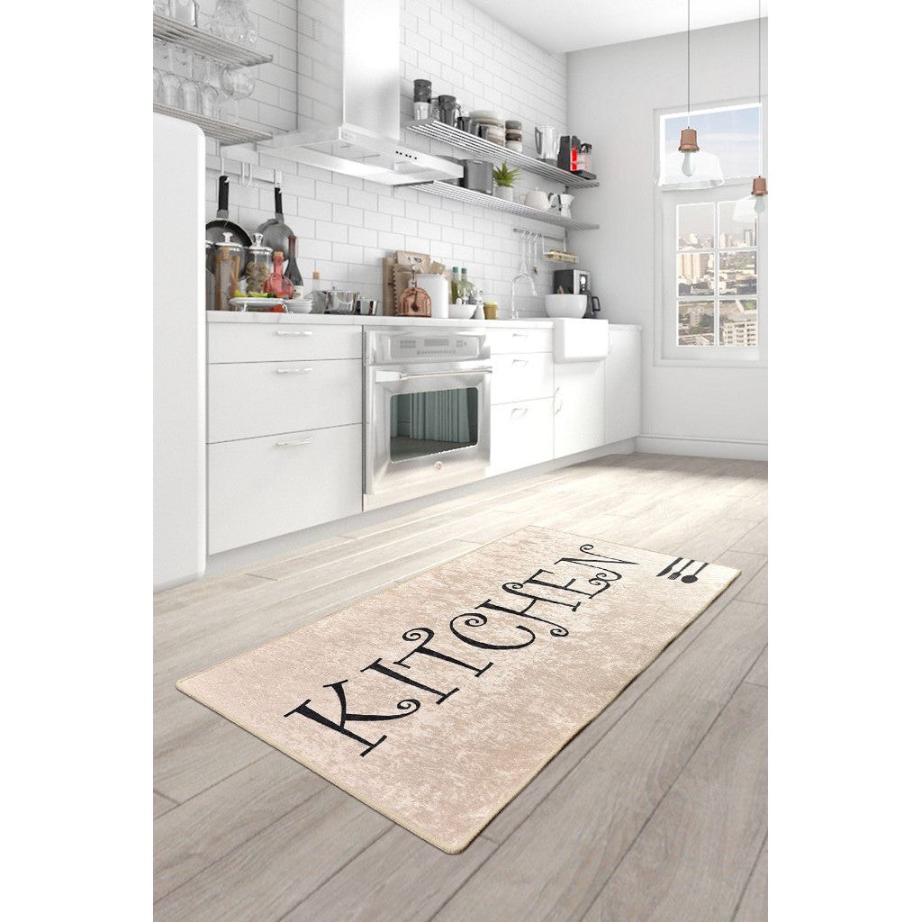 Covor bucatarie Spoon, 140x190 cm, dreptunghiular, 50% catifea/50% poliester, crem cu text imprimat