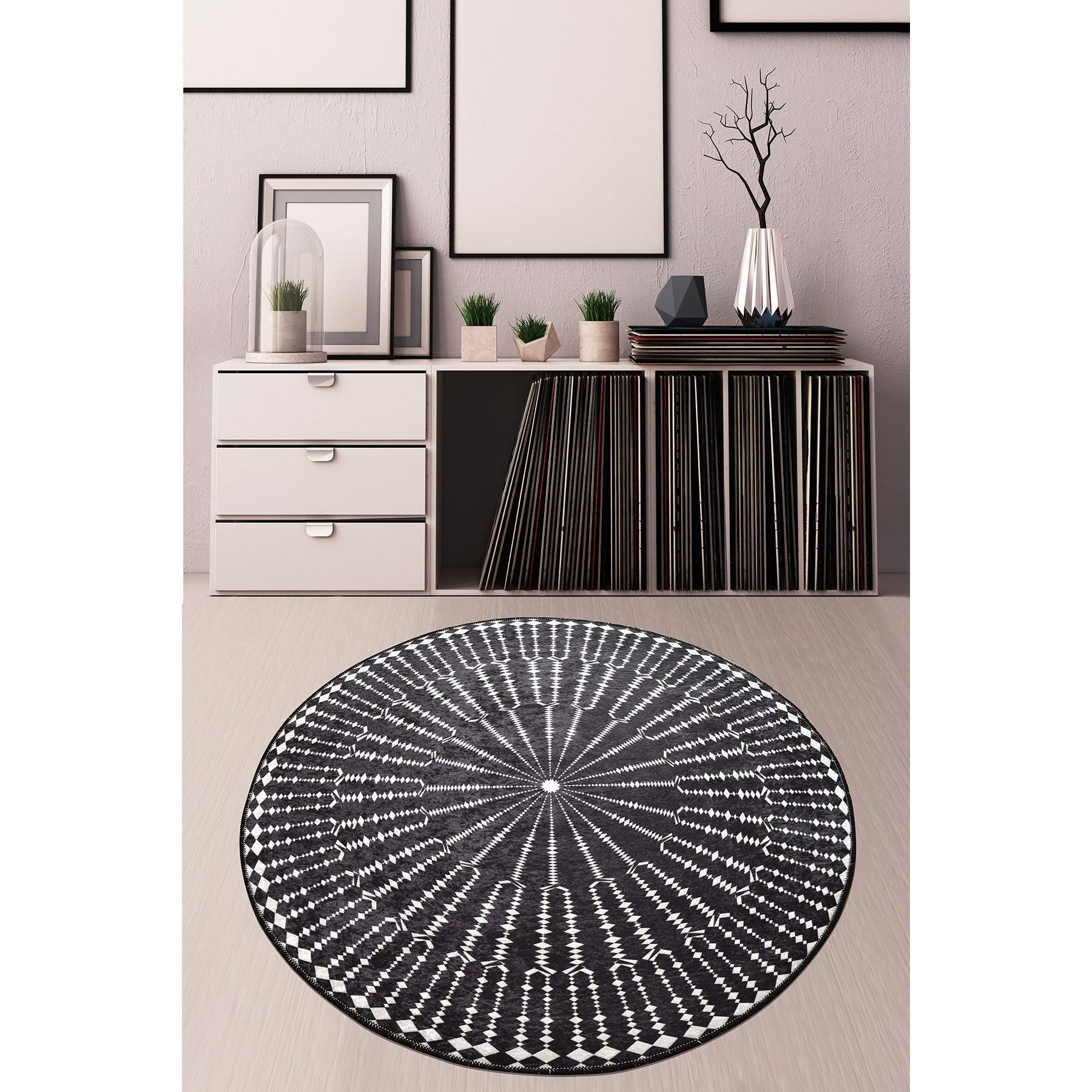 Covor Buio Djt Cap, 140 cm, forma rotunda, catifea/poliester, negru/alb