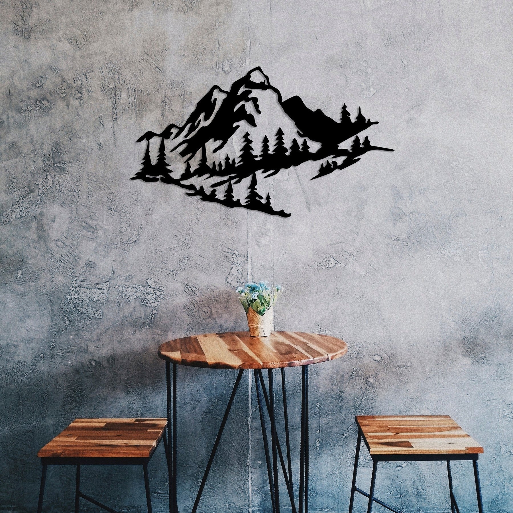 Decoratiune perete Mountain 2, metal, negru, peisaj montan, 47x40 cm