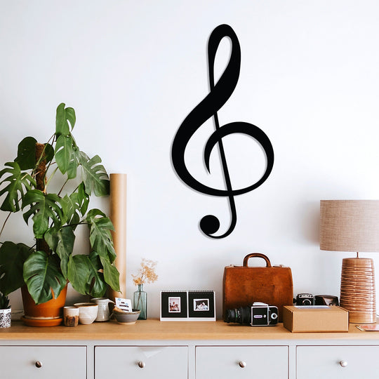 Decoratiune perete Treble Clef, negru, metal, 28x59 cm