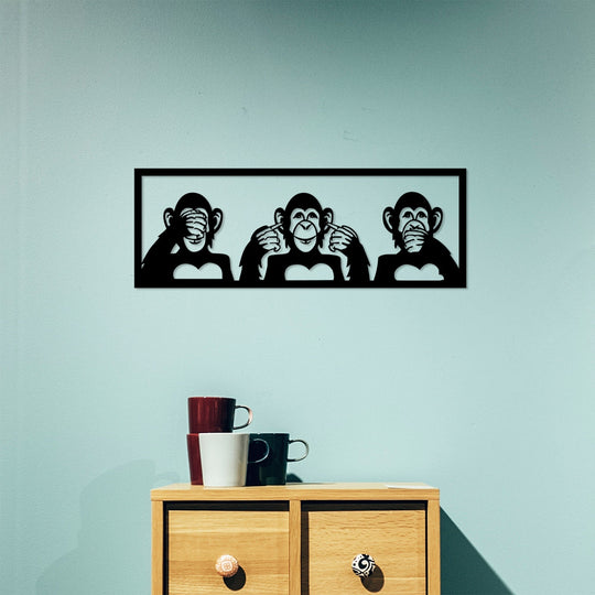 Decoratiune perete Three Monkeys - M, negru, metal, 70x25 cm