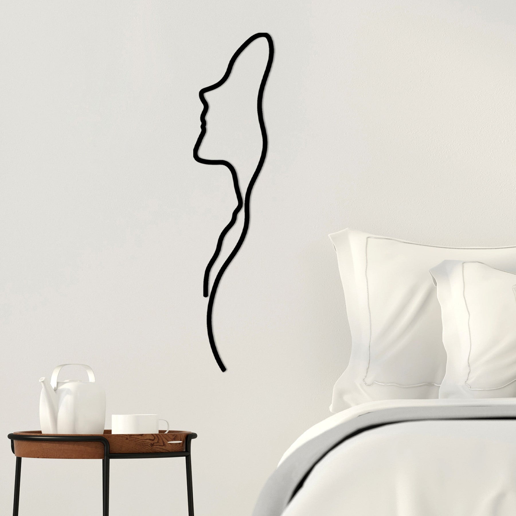 Decoratiune perete Woman Face Profile, negru, metal, 18x74 cm