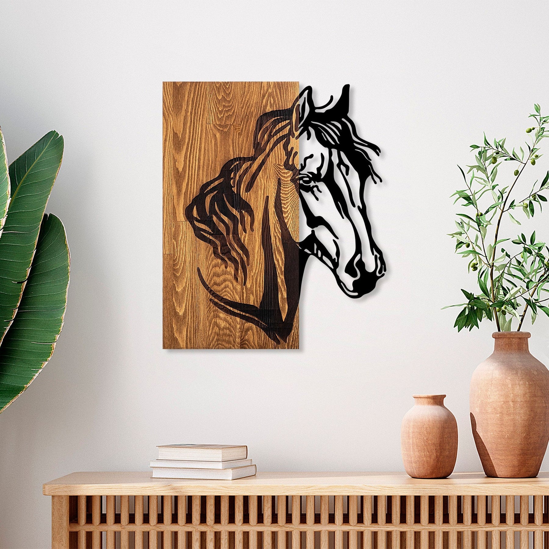 Accesoriu decorativ Horse 1, stejar/negru, lemn/metal, 48x57 cm