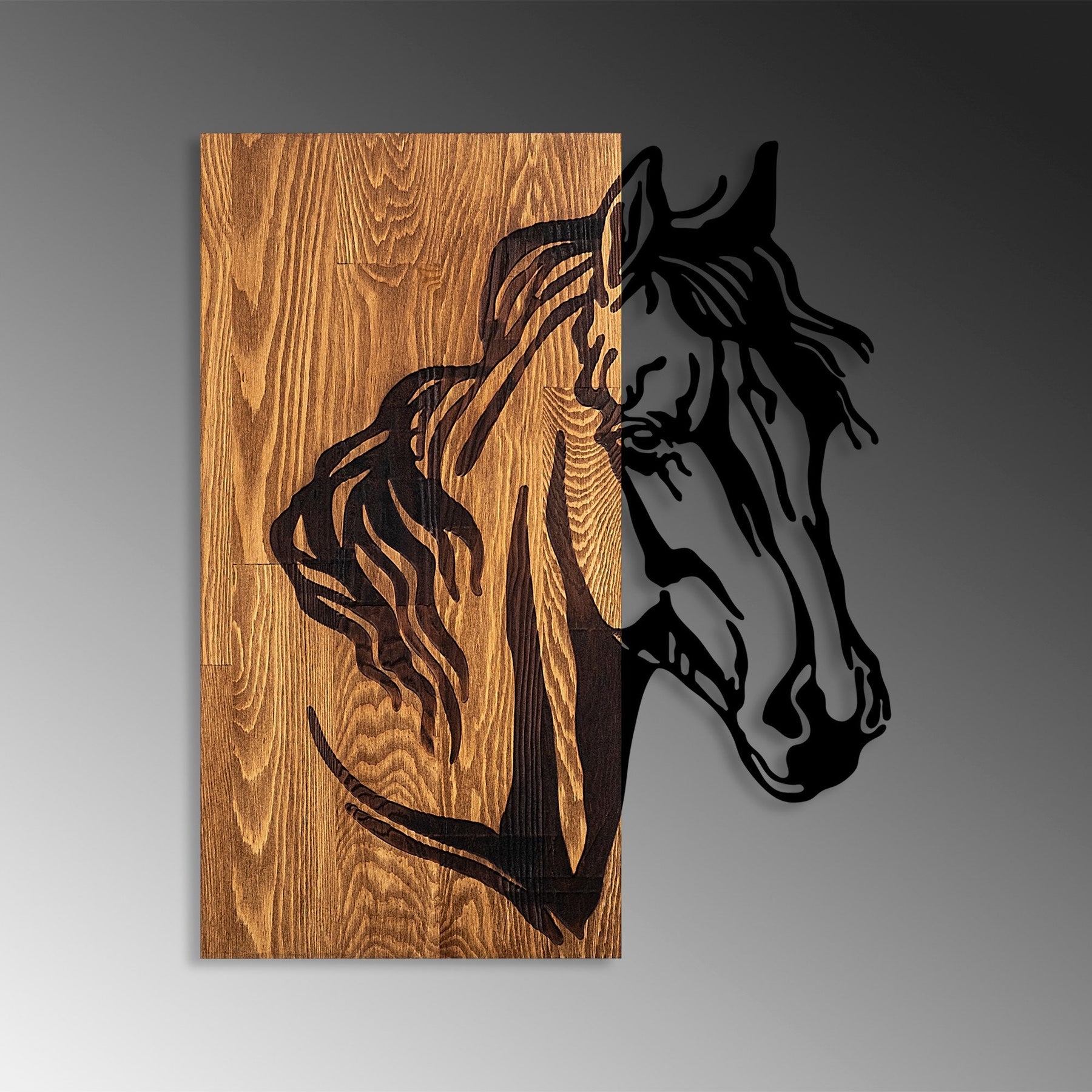 Accesoriu decorativ Horse 1, stejar/negru, lemn/metal, 48x57 cm