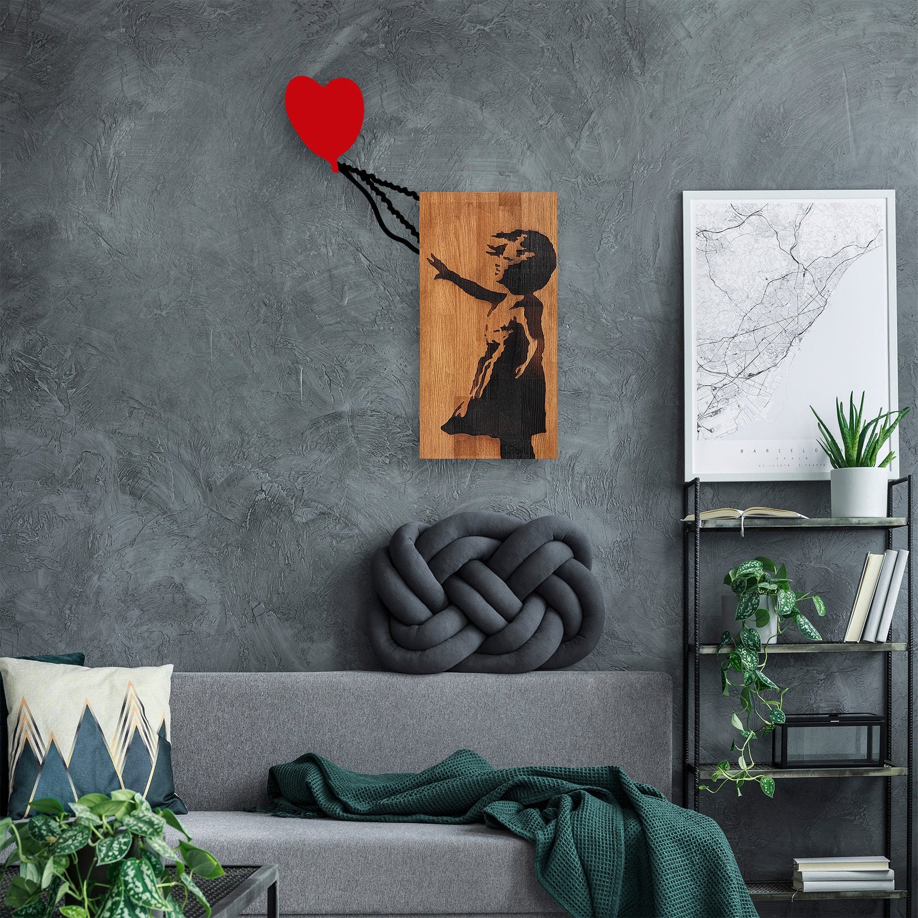 Accesoriu decorativ Banksy-15, negru/stejar, lemn, 83x60 cm