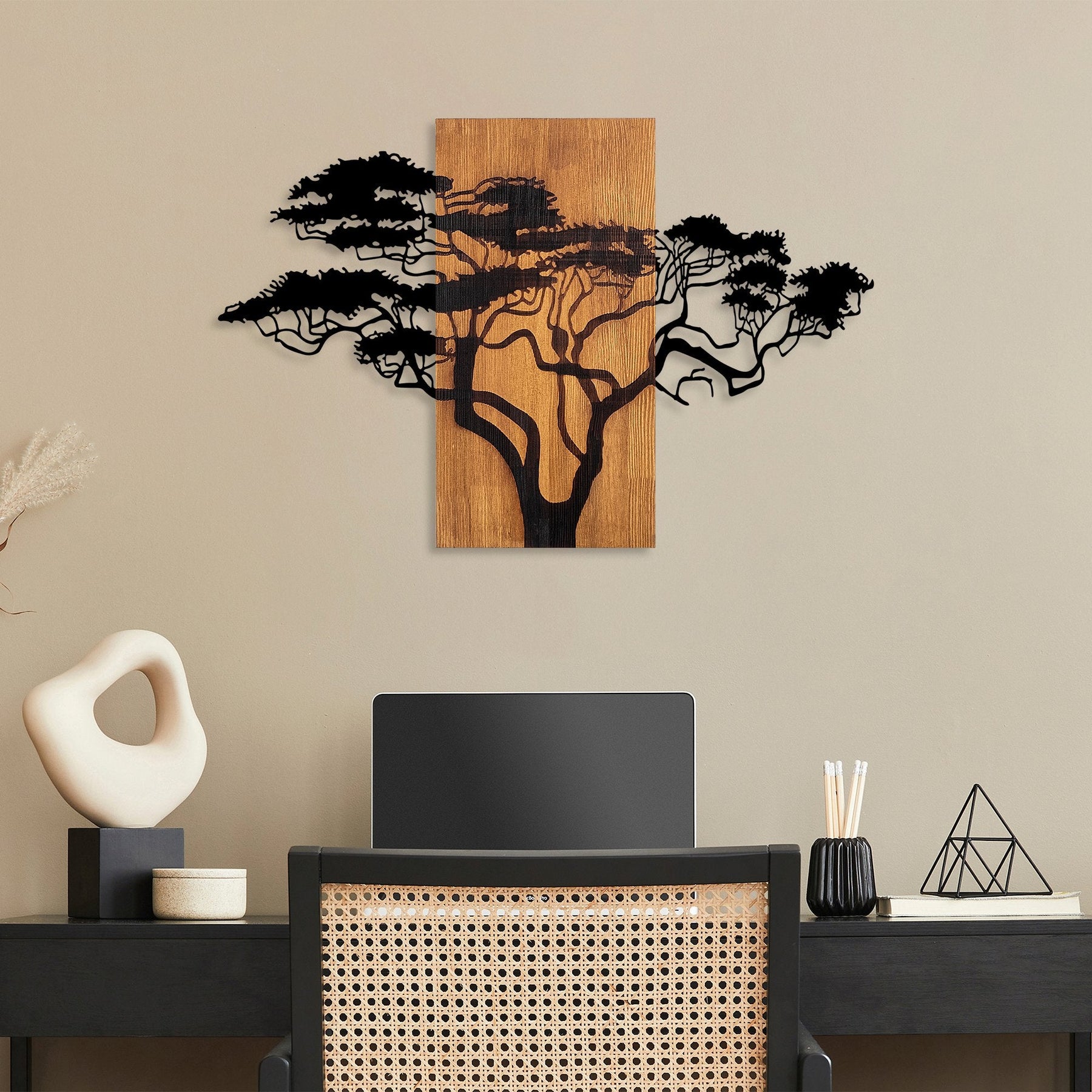 Accesoriu decorativ Acacia Tree-387, negru, lemn/metal, 90x58 cm