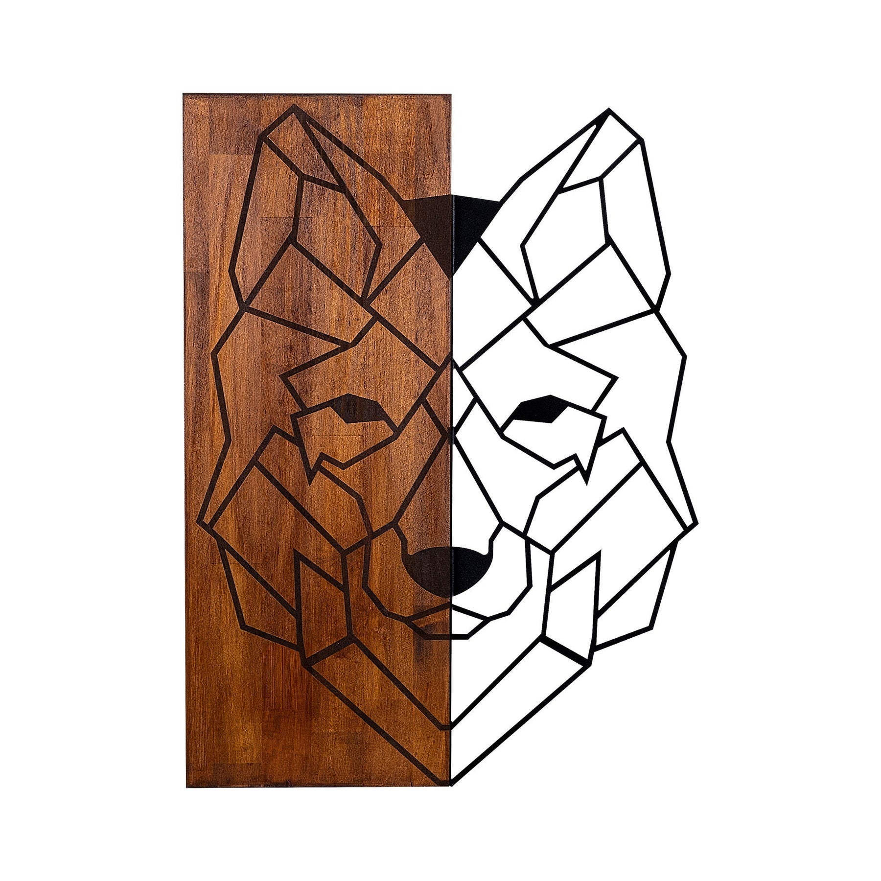 Decoratiune perete Wolf1, stejar/negru, lemn/metal, 45.5x3x58 cm