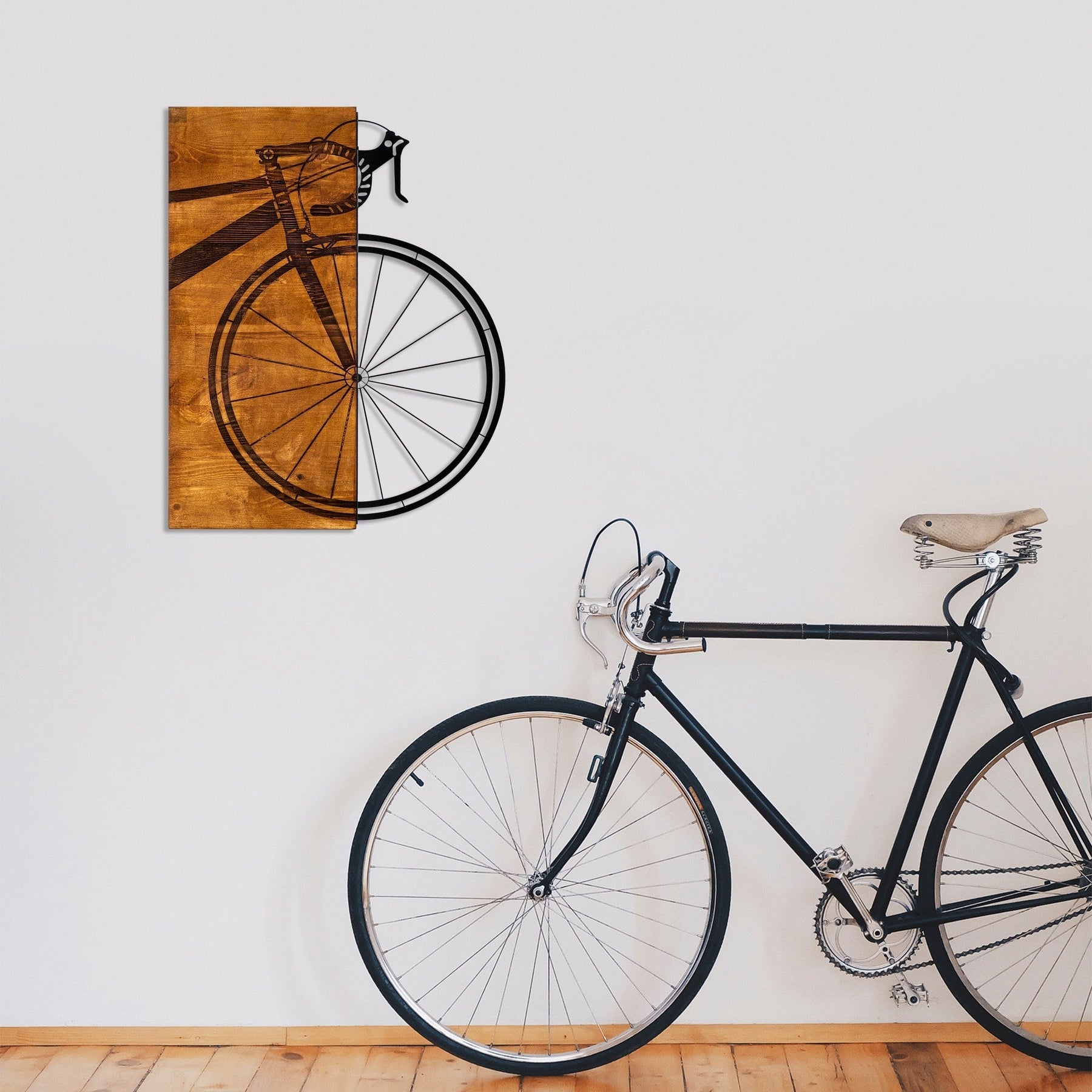 Decoratiune perete Bisiklet, lemn/metal, maro/negru, 45 x 58 cm