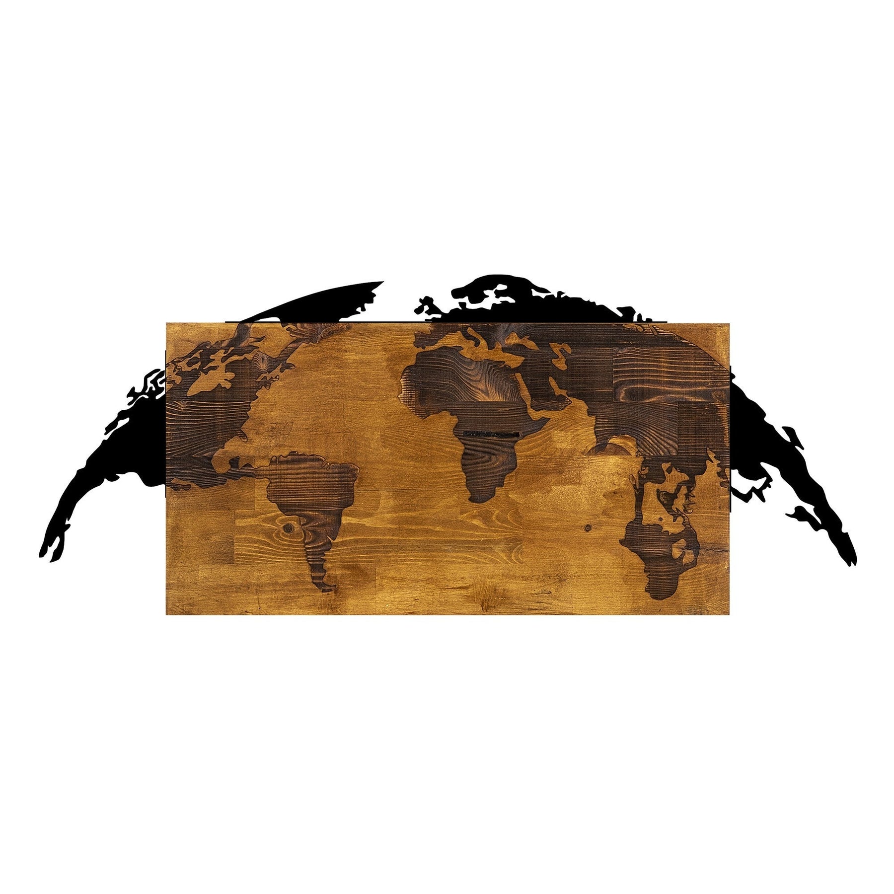 Decoratiune perete World Map, stejar/negru, lemn/metal, 83x3x35 cm