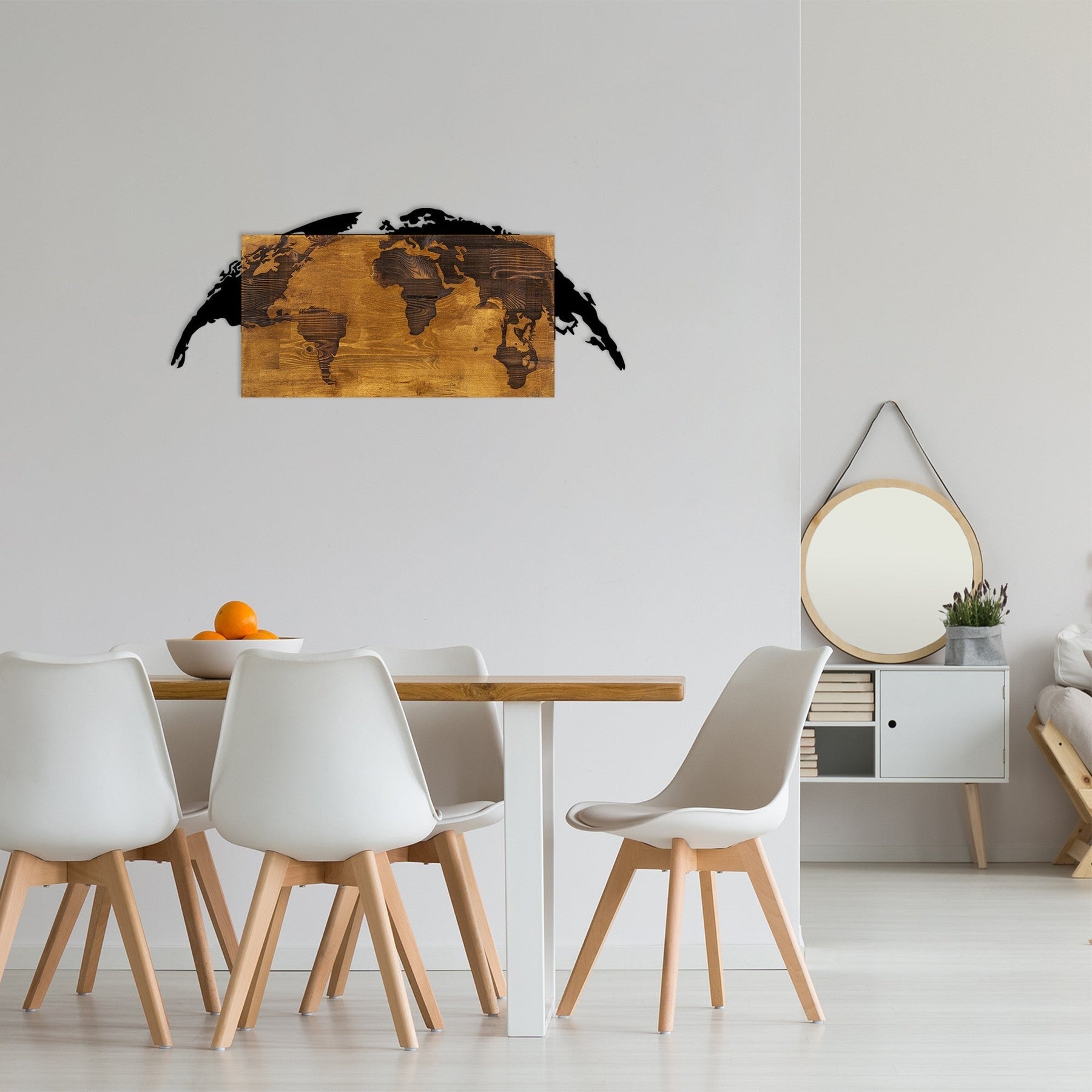 Decoratiune perete World Map, stejar/negru, lemn/metal, 83x3x35 cm