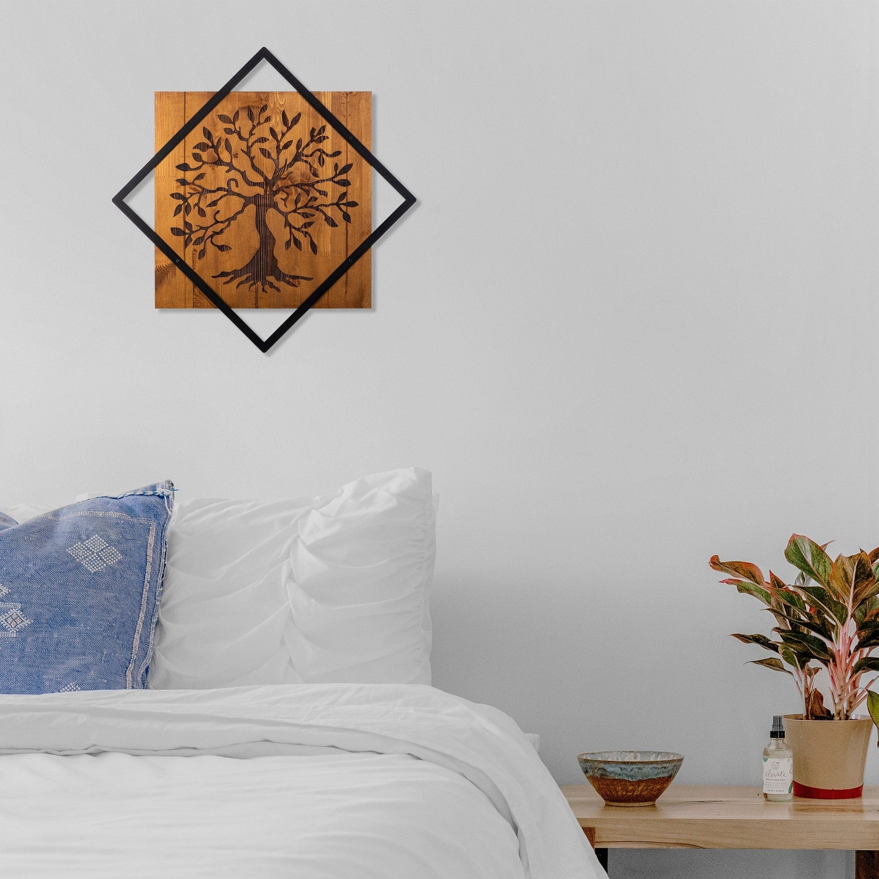 Decoratiune perete Tree, stejar/negru, lemn/metal, 54x54 cm