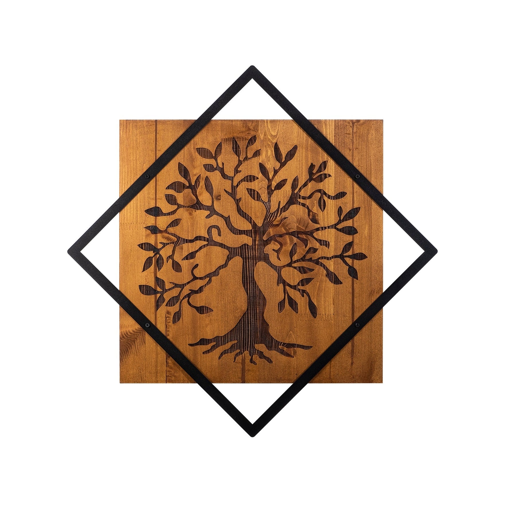 Decoratiune perete Tree, stejar/negru, lemn/metal, 54x54 cm
