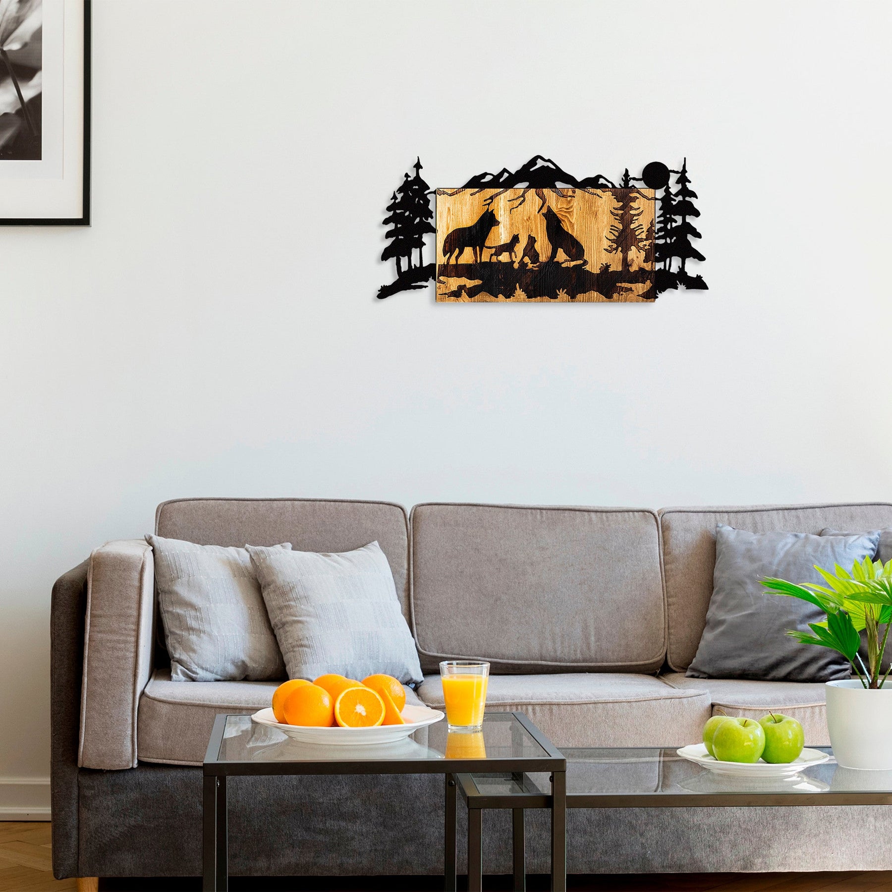 Decoratiune perete Wolves, stejar/negru, lemn/metal, 88x3x39 cm