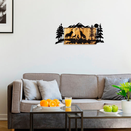 Decoratiune perete Wolves, stejar/negru, lemn/metal, 88x3x39 cm