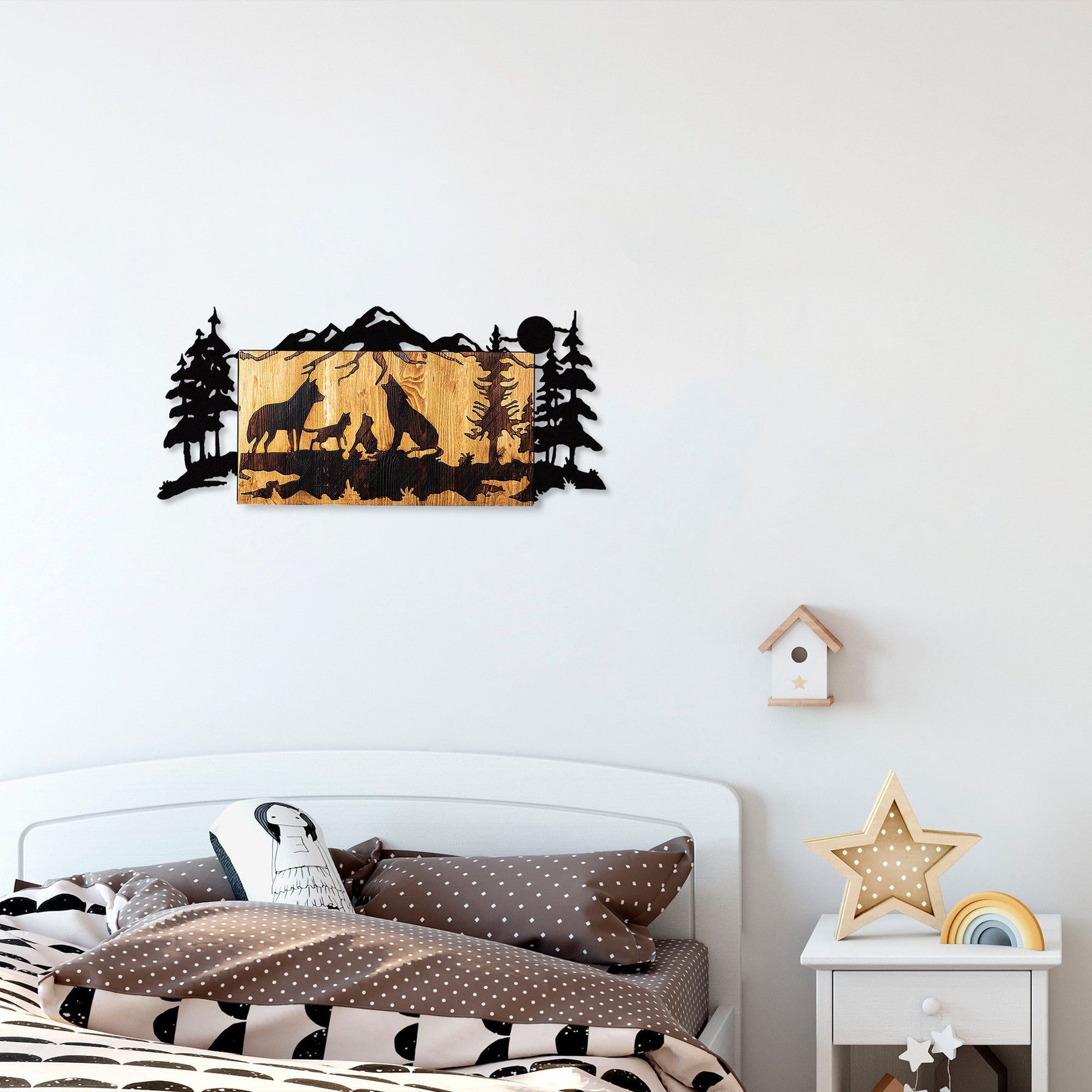 Decoratiune perete Wolves, stejar/negru, lemn/metal, 88x3x39 cm