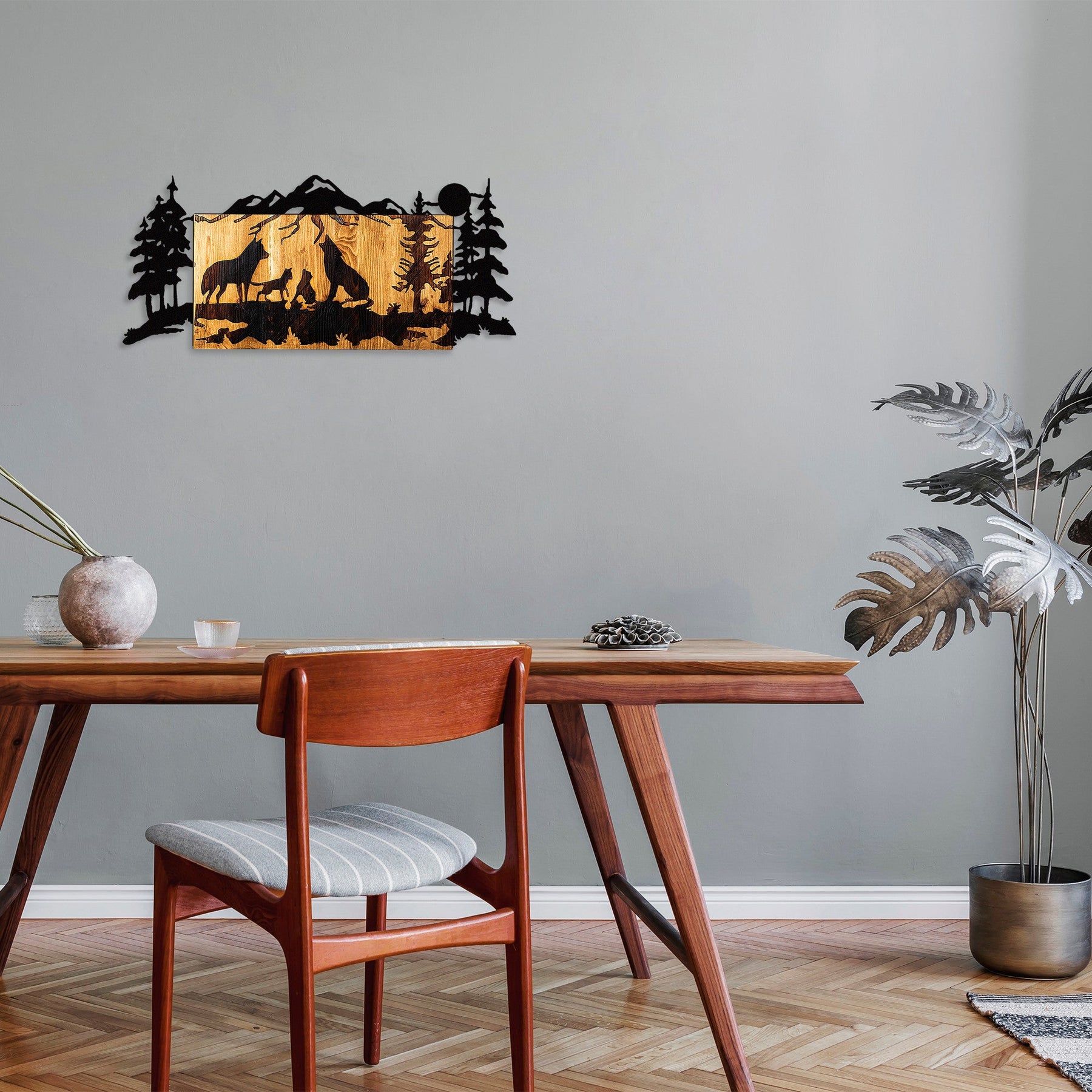 Decoratiune perete Wolves, stejar/negru, lemn/metal, 88x3x39 cm