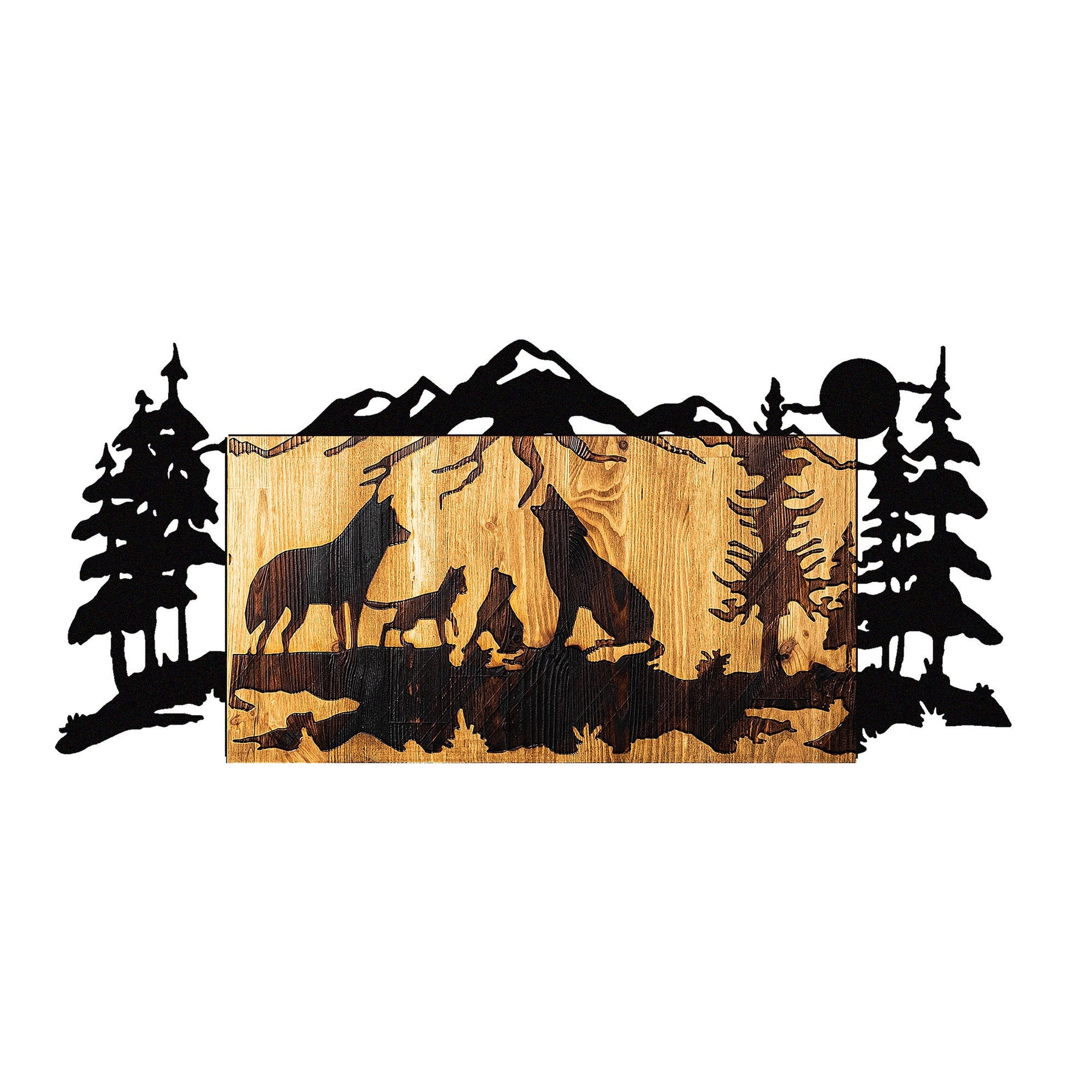 Decoratiune perete Wolves, stejar/negru, lemn/metal, 88x3x39 cm