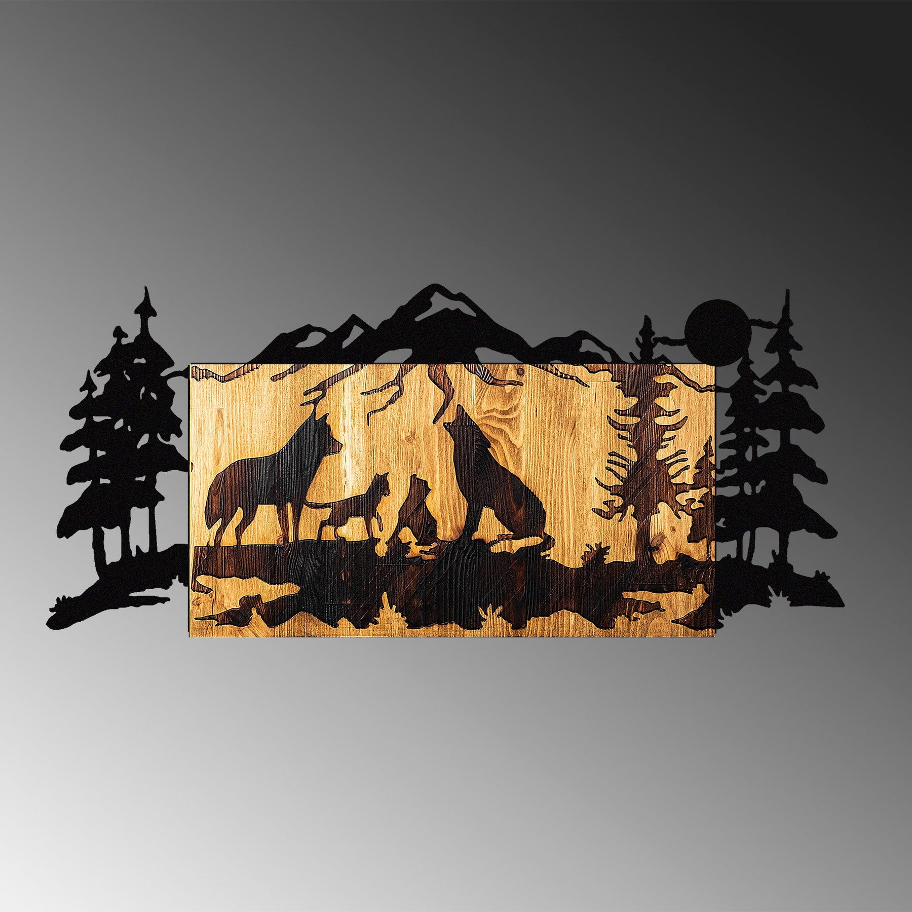 Decoratiune perete Wolves, stejar/negru, lemn/metal, 88x3x39 cm