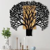 Decoratiune perete Tree 1, stejar/negru, lemn/metal, 93x3x86 cm