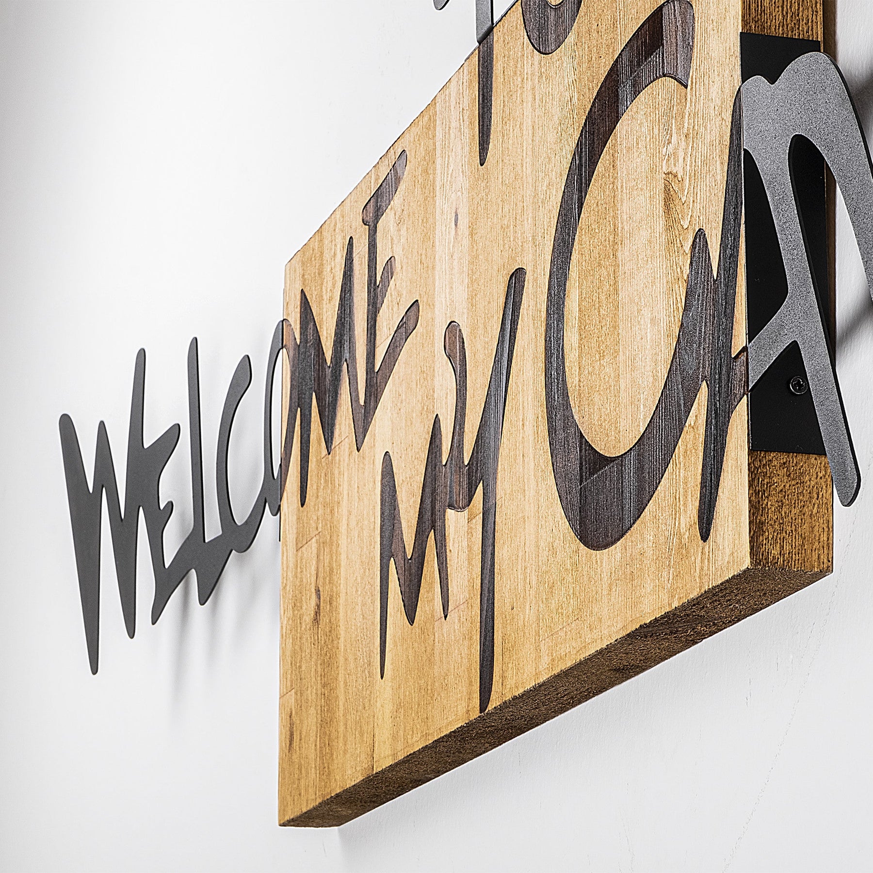 Decoratiune perete Welcome To My Cave, stejar/negru, lemn/metal, 128x3x39 cm