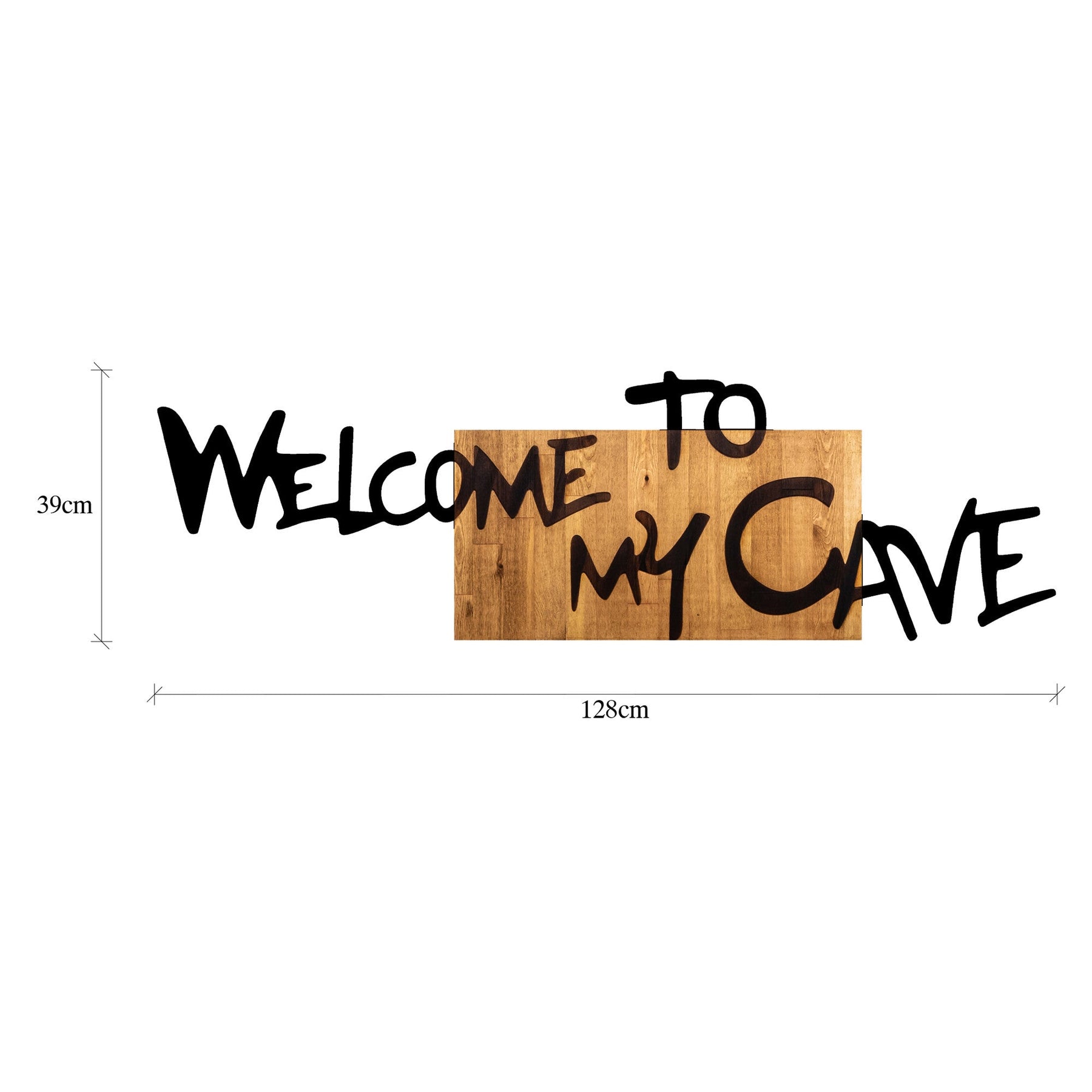 Decoratiune perete Welcome To My Cave, stejar/negru, lemn/metal, 128x3x39 cm