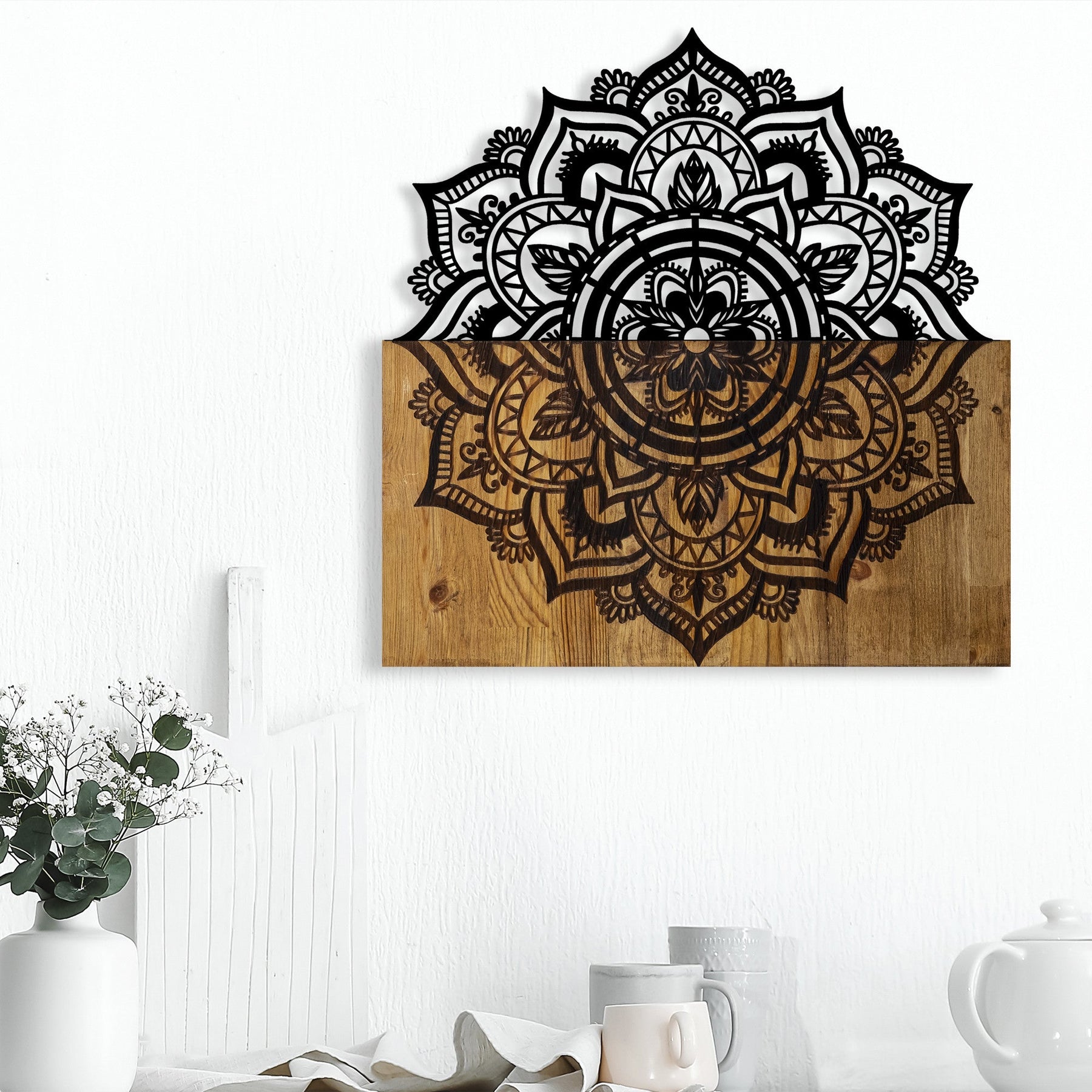 Decoratiune perete 899SKL2180, stejar/negru, lemn/metal, 59x3x58 cm