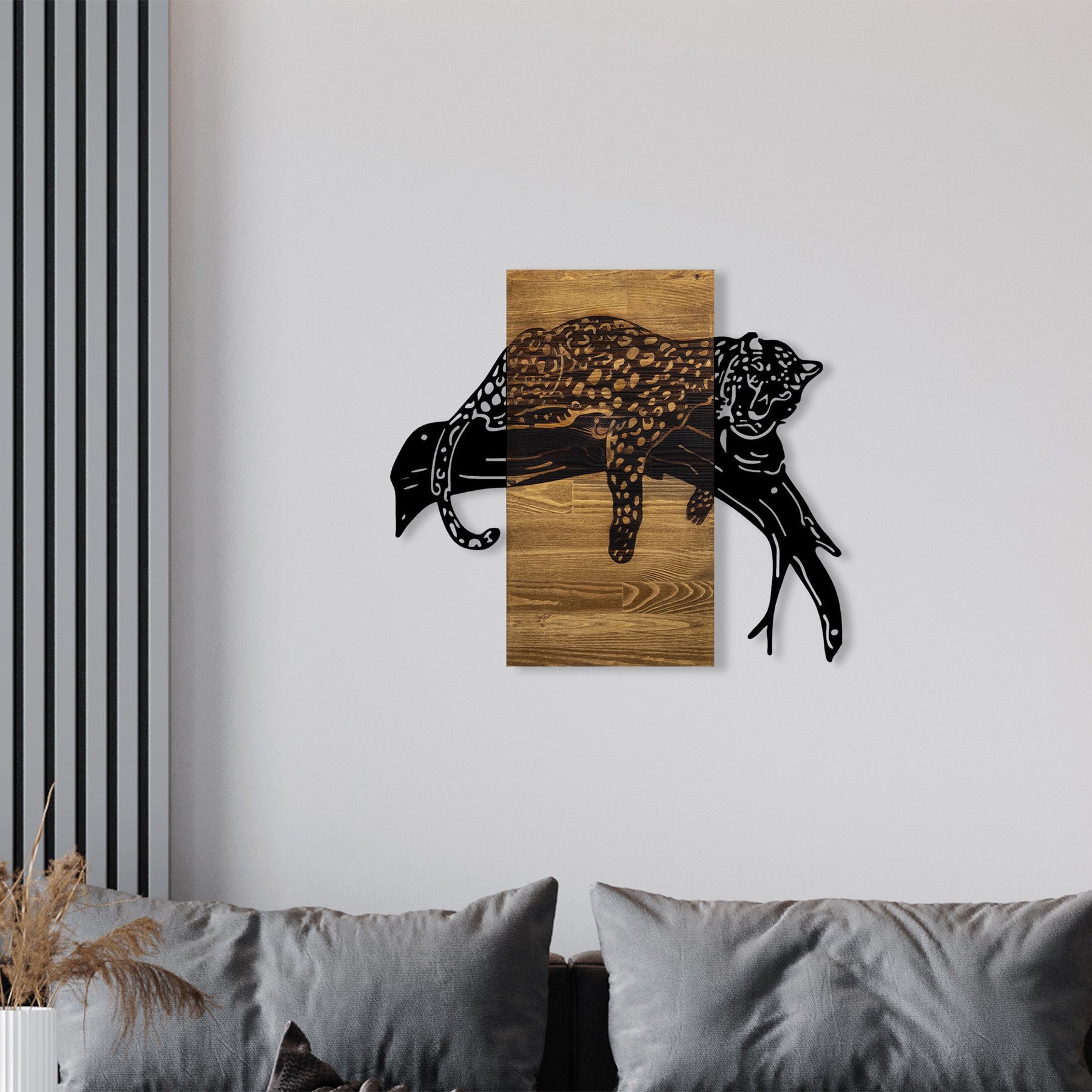 Accesoriu decorativ Leopard, negru/stejar, lemn/metal, 66x58 cm