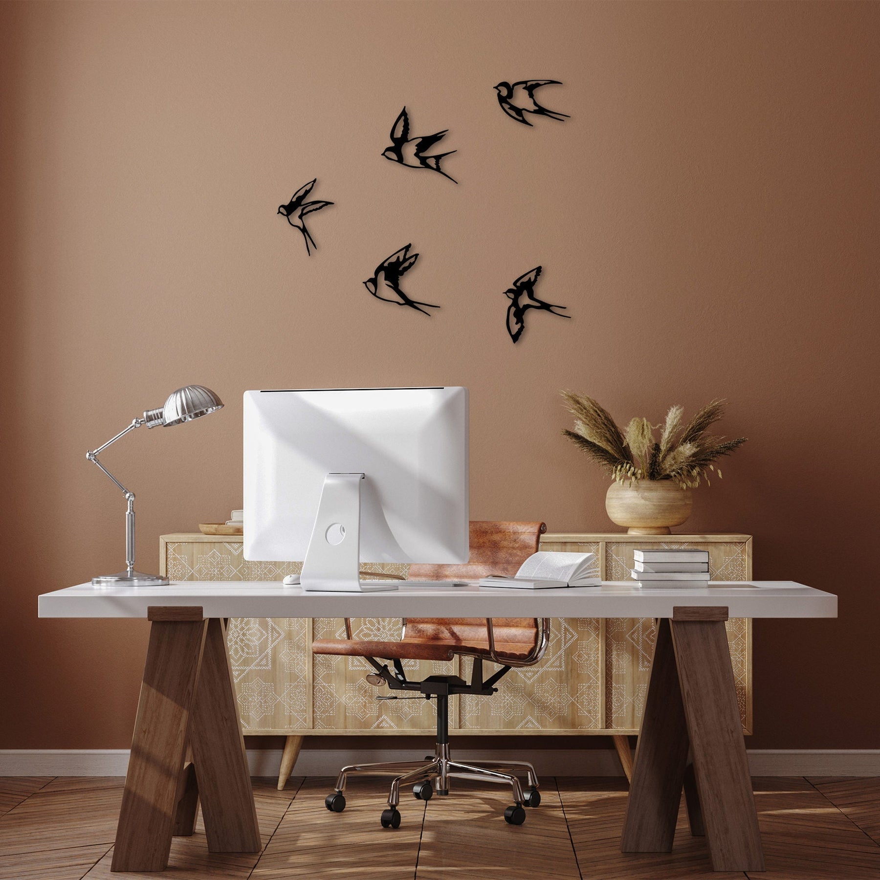 Set 5 piese accesorii decorative de perete Swallows - 303, negru, metal, pasari