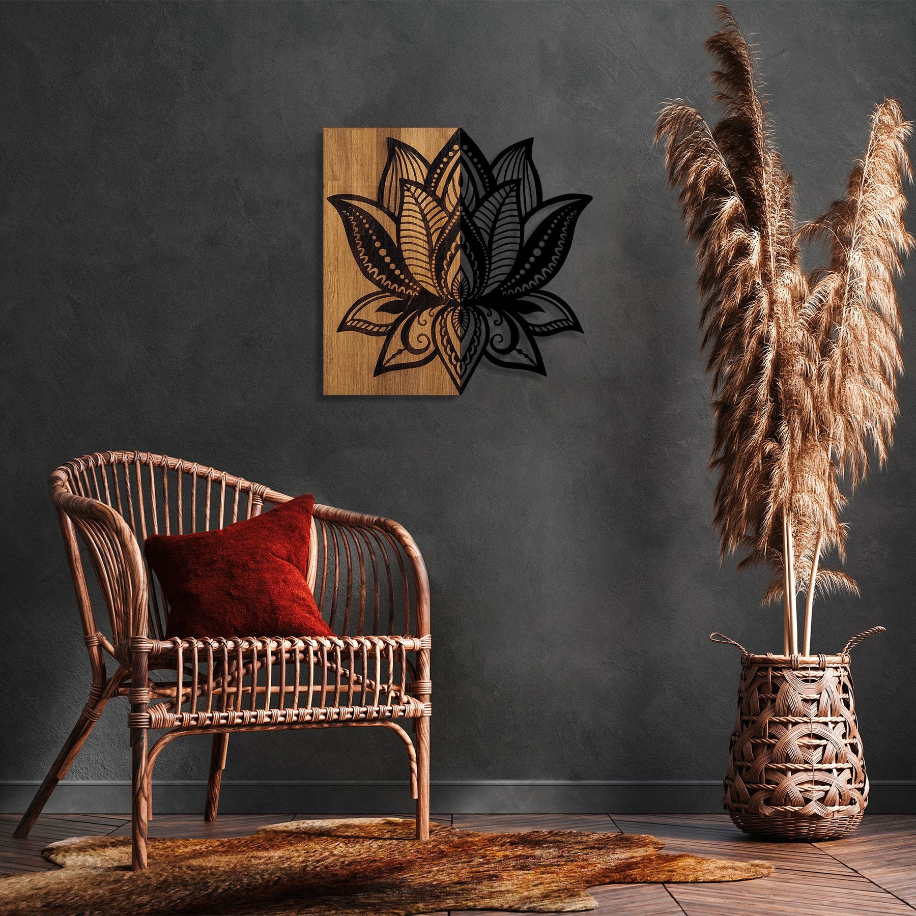 Accesoriu decorativ Lotus 10, negru/stejar, lemn/metal, 59x58 cm