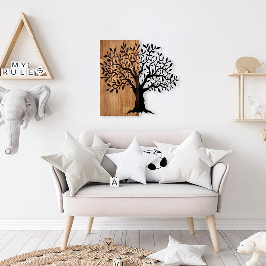 Decoratiune perete Mysterious Tree - 371, stejar/negru, lemn/metal, 60x58 cm