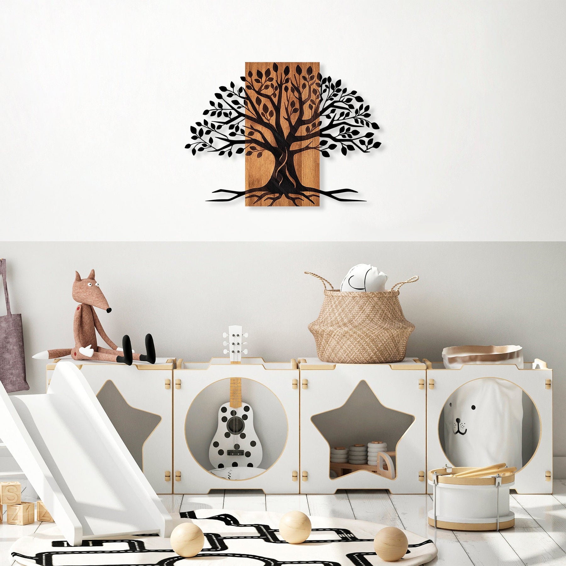 Decoratiune perete Willow, stejar/negru, lemn/metal, 80x58 cm